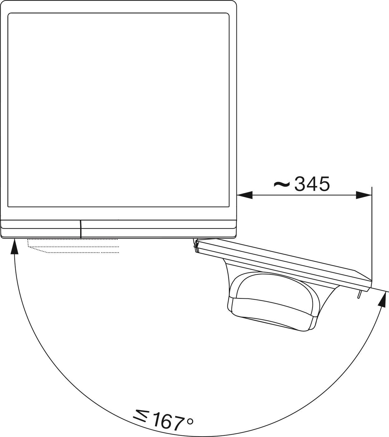 Ein Bildschirm mit Halterung, 345 mm Breite und 167 Grad Schwenkbereich.