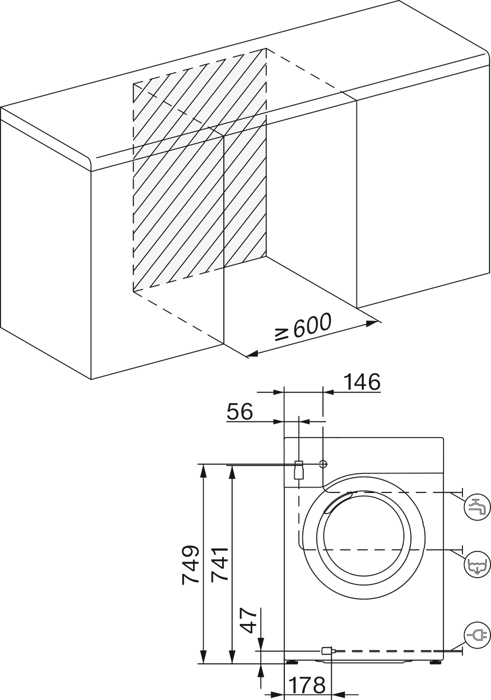 Technische Zeichnung einer Waschmaschine mit Maßen und Einbauhinweisen.