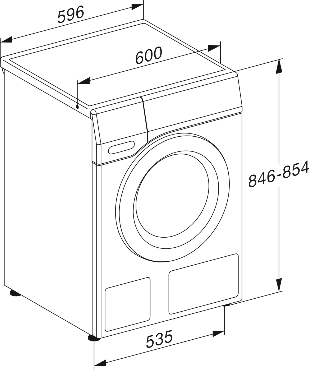 Technische Zeichnung einer Waschmaschine mit Maßen.
