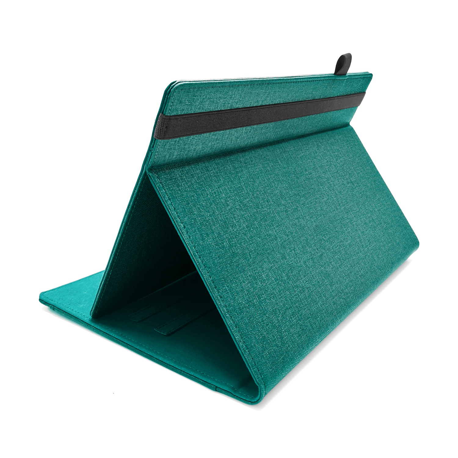 Un supporto per tablet color verde acqua con elastico nero.