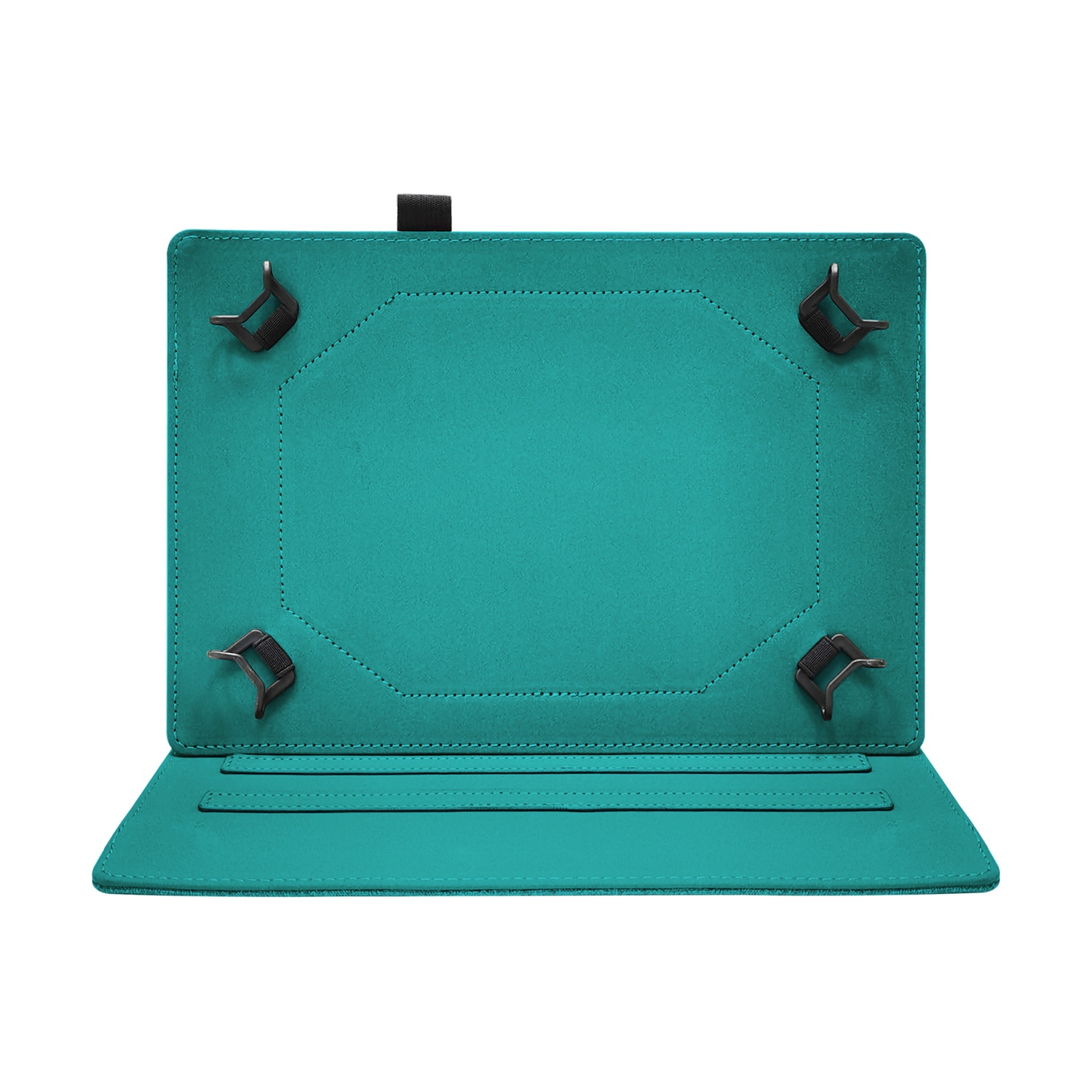 Custodia turchese per tablet con quattro supporti angolari neri.