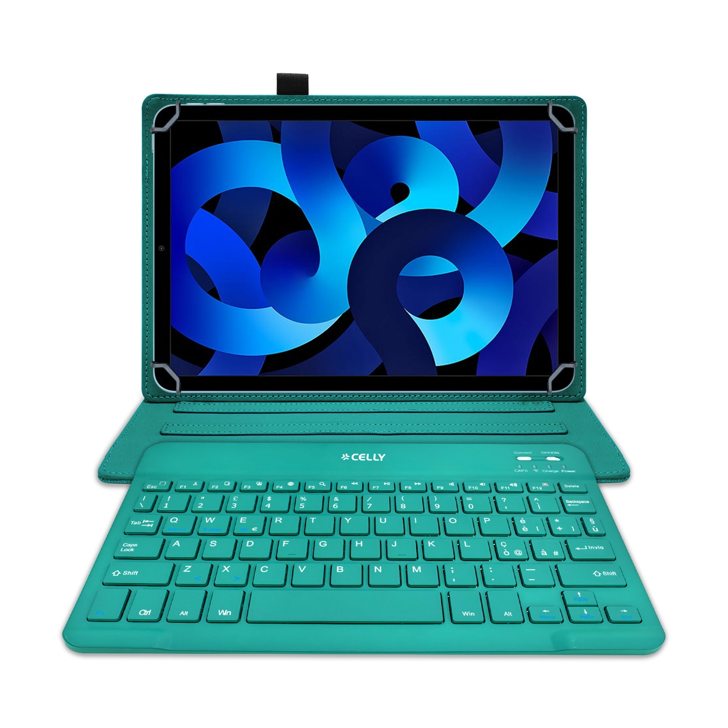 Un supporto per tablet turchese con tastiera e un tablet con sfondo astratto blu.
