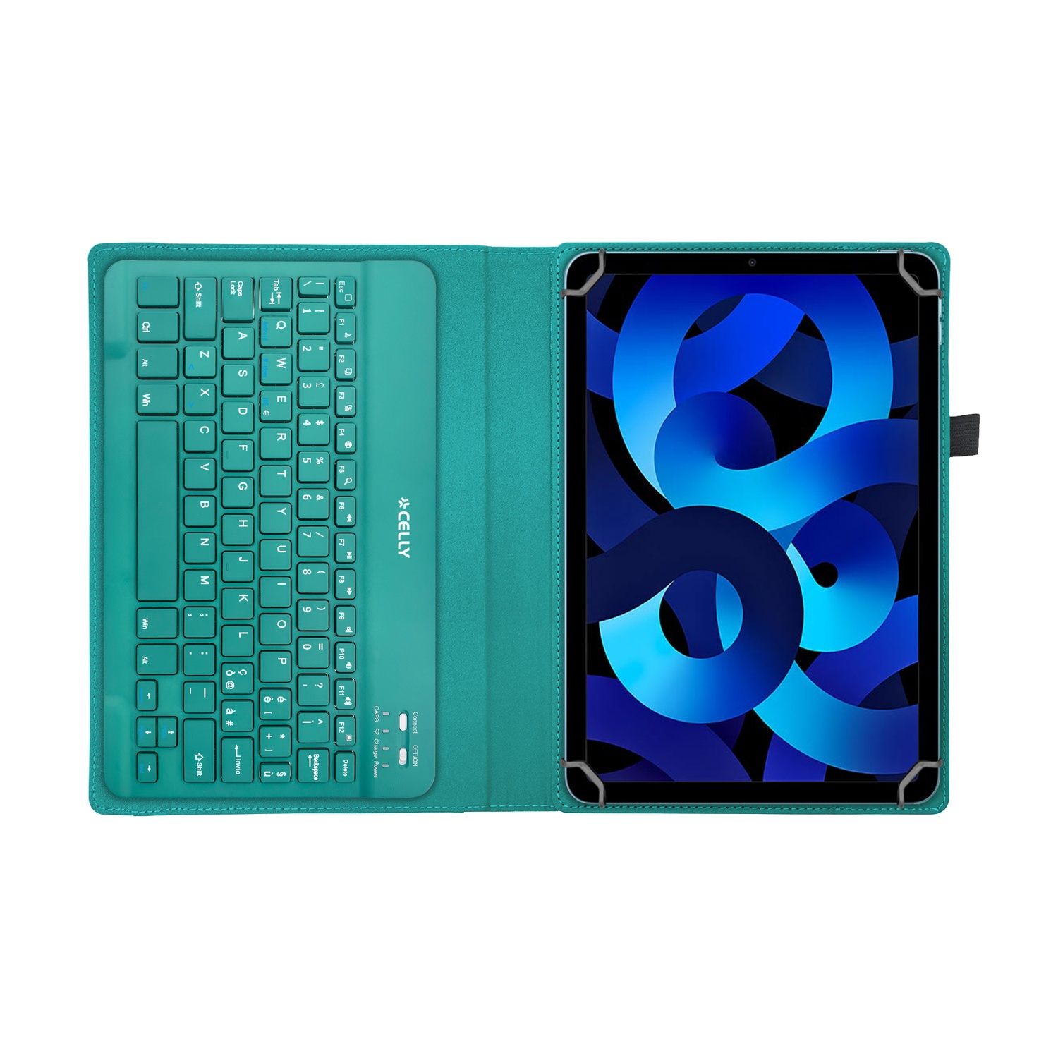 Un tablet turchese con custodia tastiera allegata, che mostra uno sfondo blu.