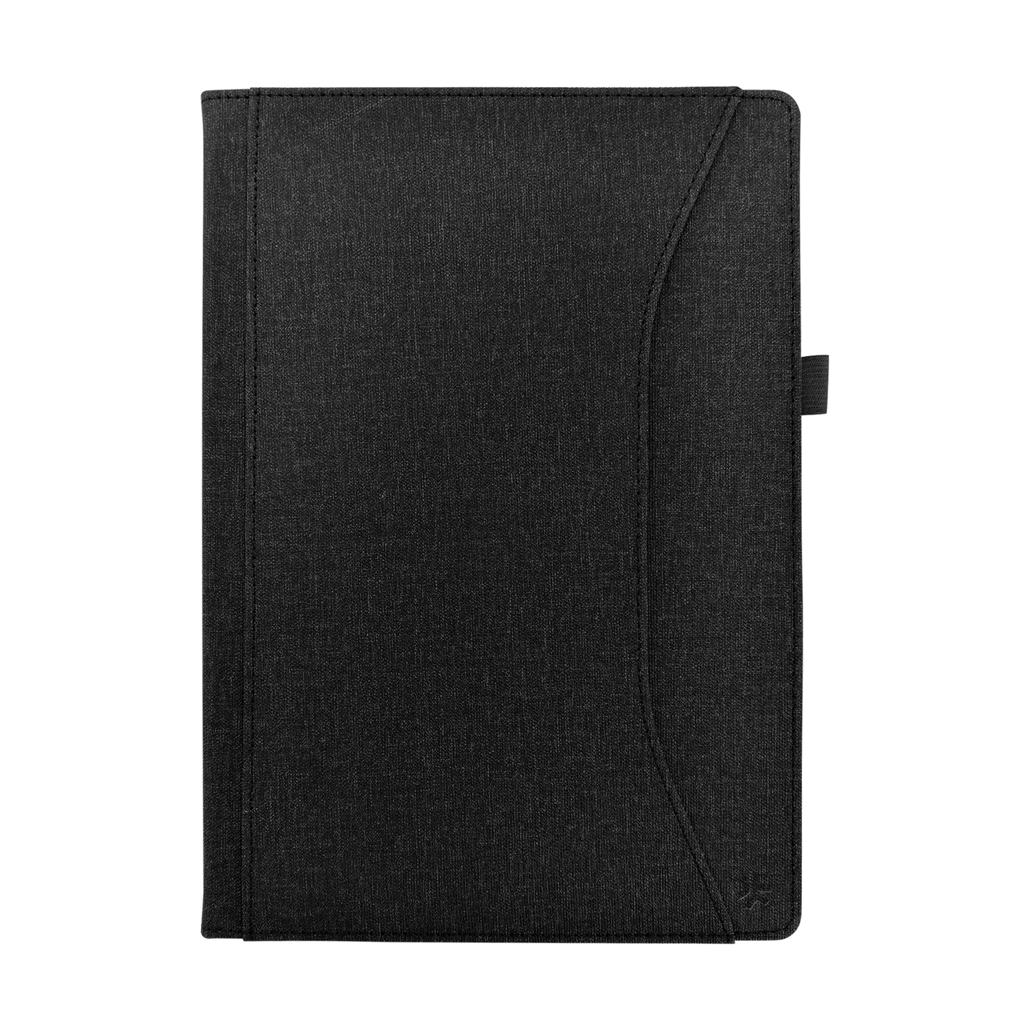 Custodia nera per laptop con linguetta e dettagli cuciti.