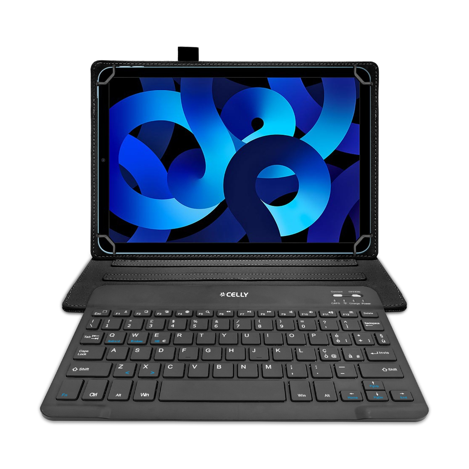 Un tablet nero in custodia con tastiera, con sfondo astratto blu.