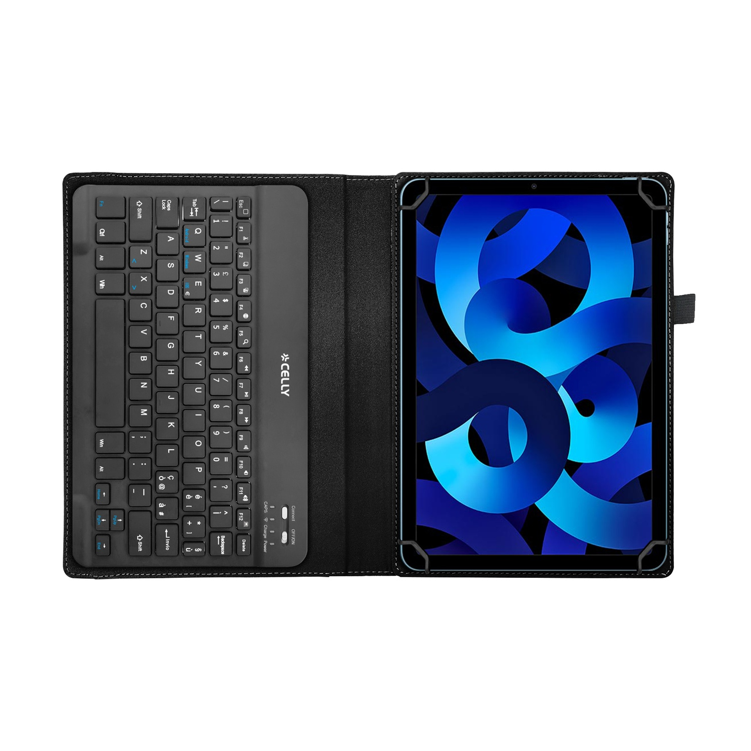 Un tablet nero in una custodia con tastiera mostra uno sfondo blu sullo schermo.