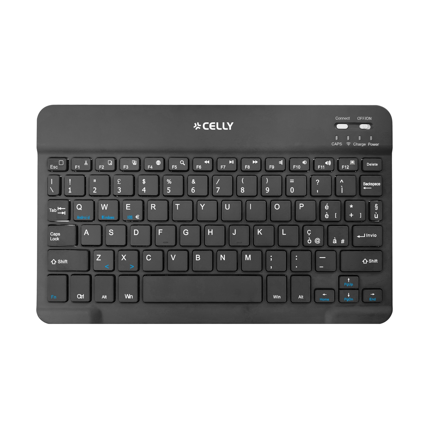 Tastiera Bluetooth nera con tasti etichettati, tasti freccia e logo CELLY.