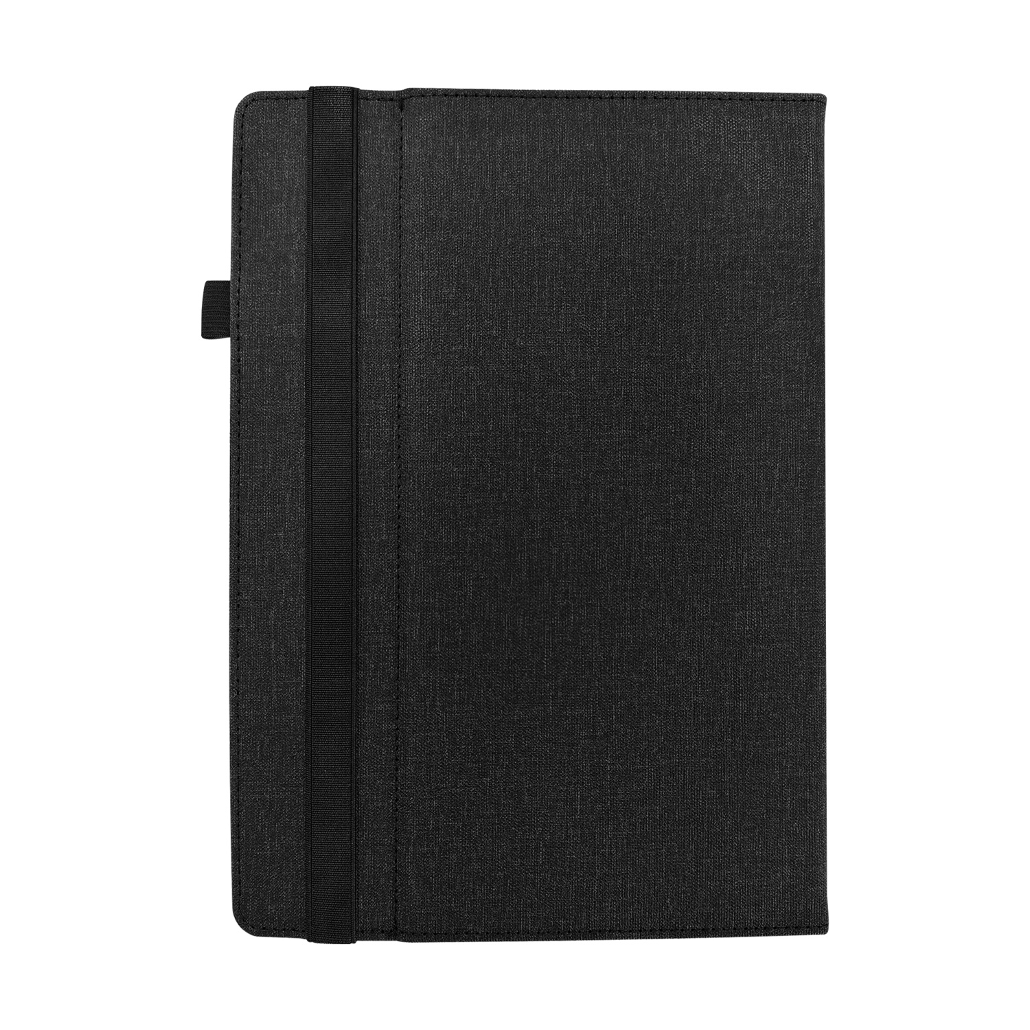 Copertina nera per tablet con elastico e passante per penna. Design semplice.