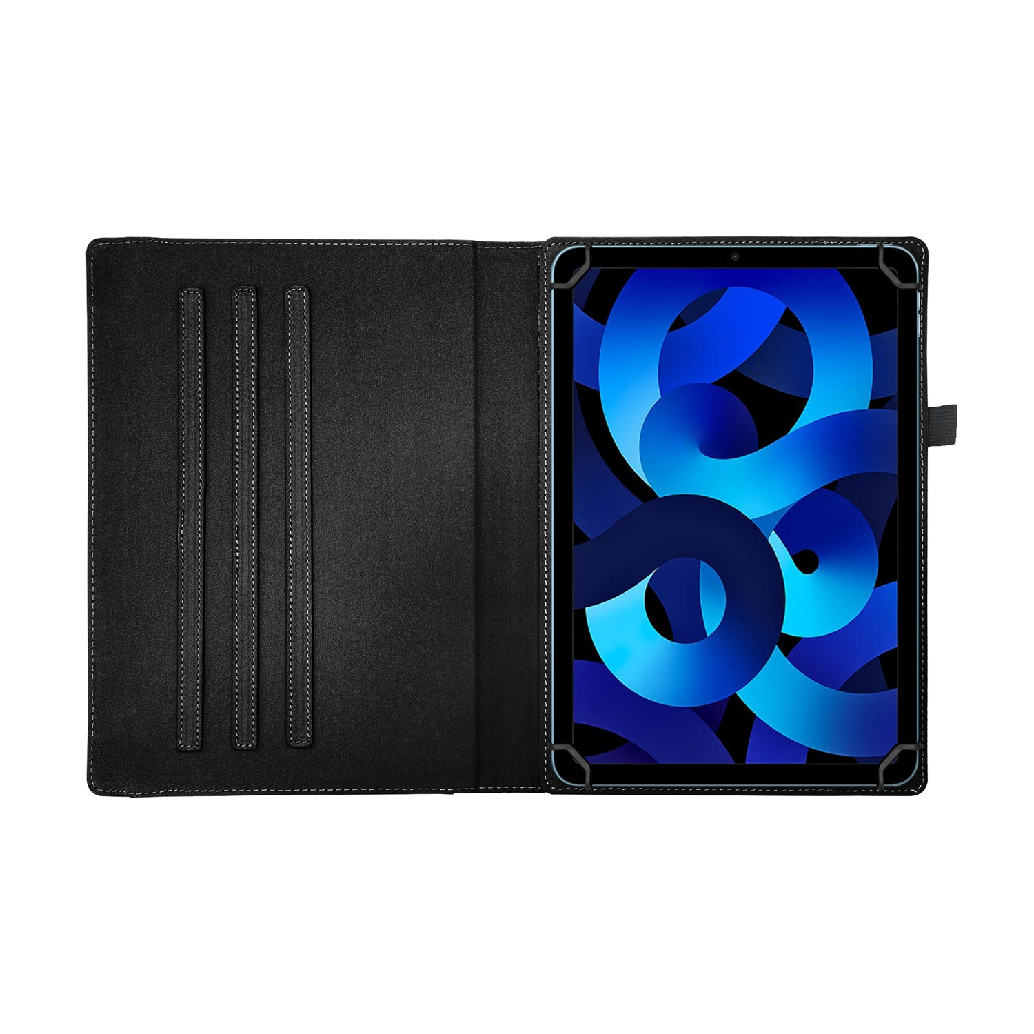 Un tablet nero con sfondo blu in una custodia nera aperta.