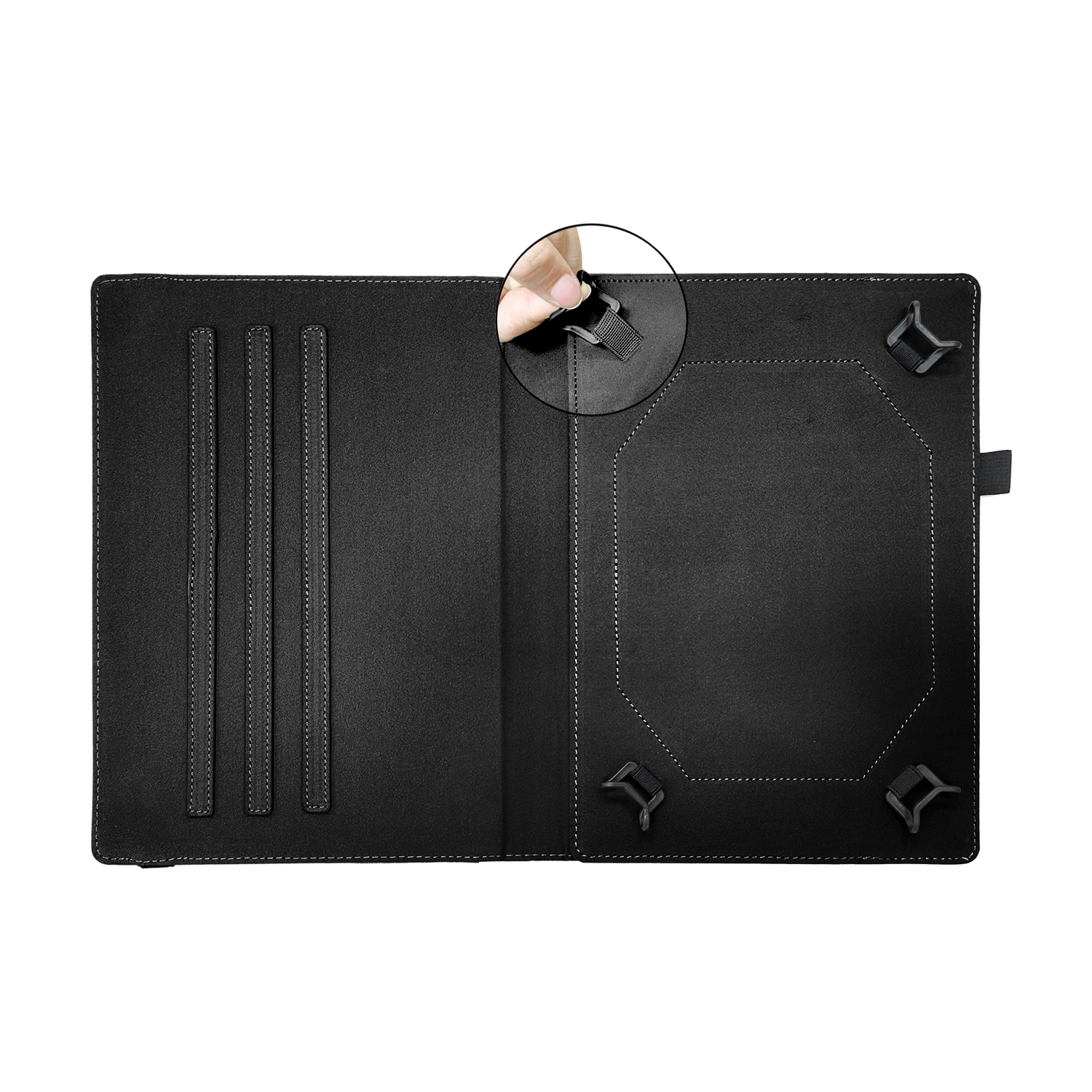 Custodia nera per tablet con quattro slot e clip di tenuta. Una mano tiene una clip.