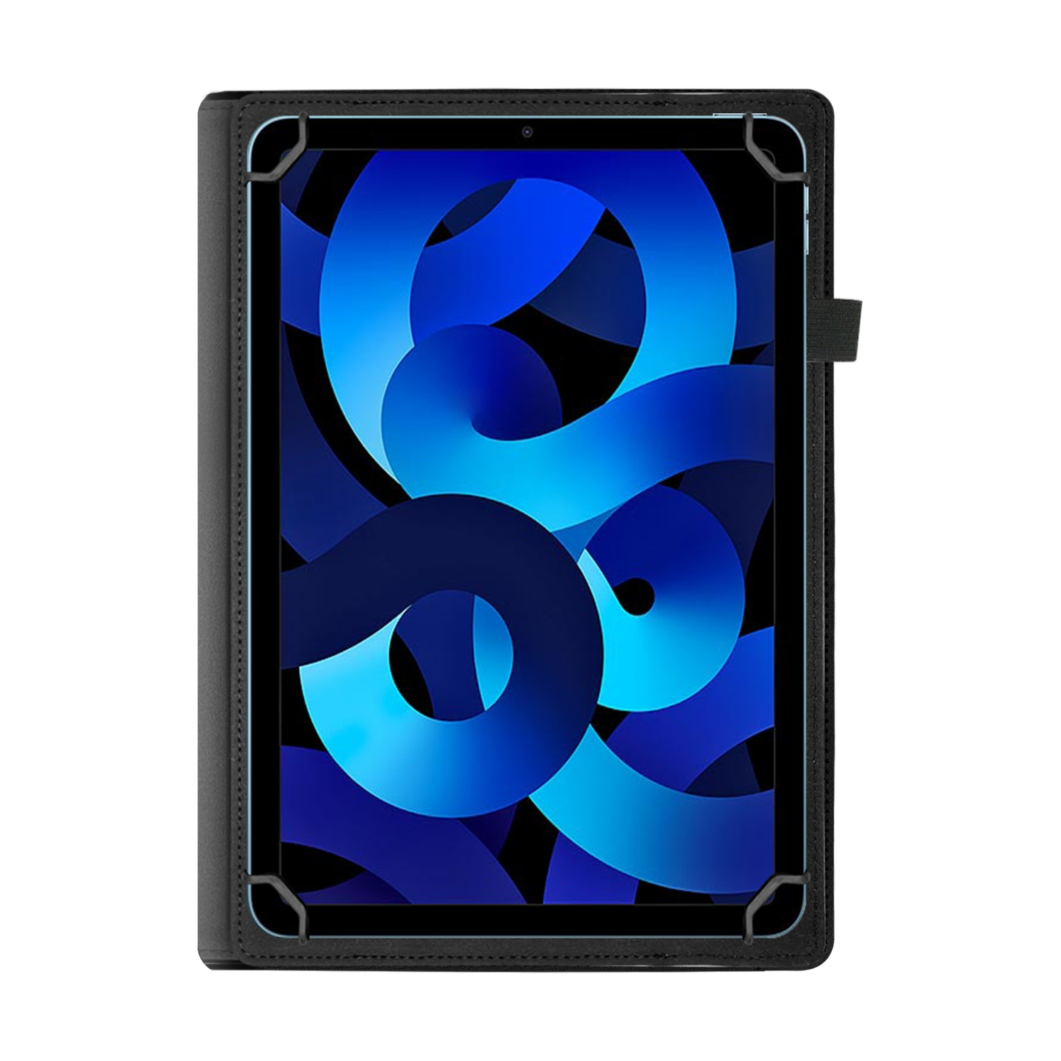 Un tablet nero con sfondi blu in una custodia nera.