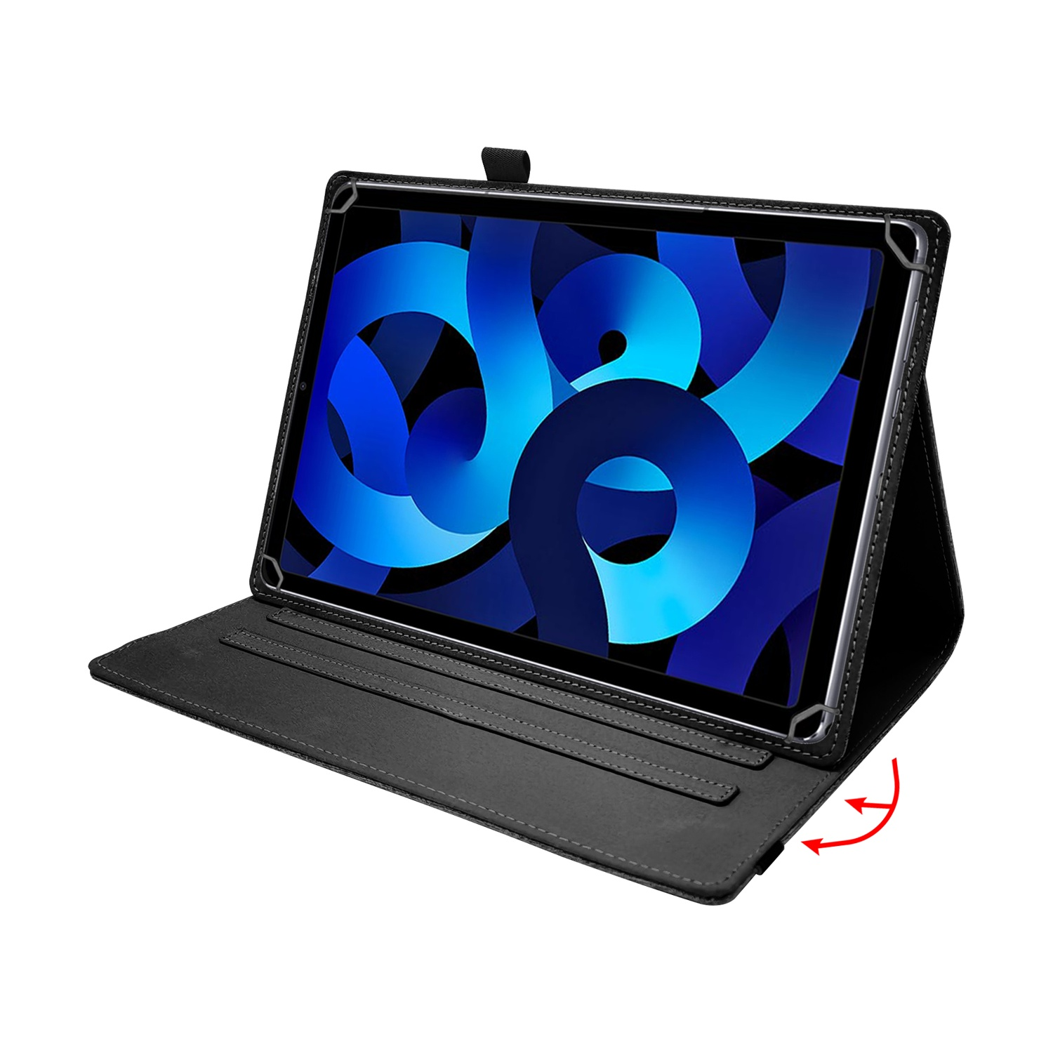 Un tablet nero in una custodia con sfondo astratto blu.