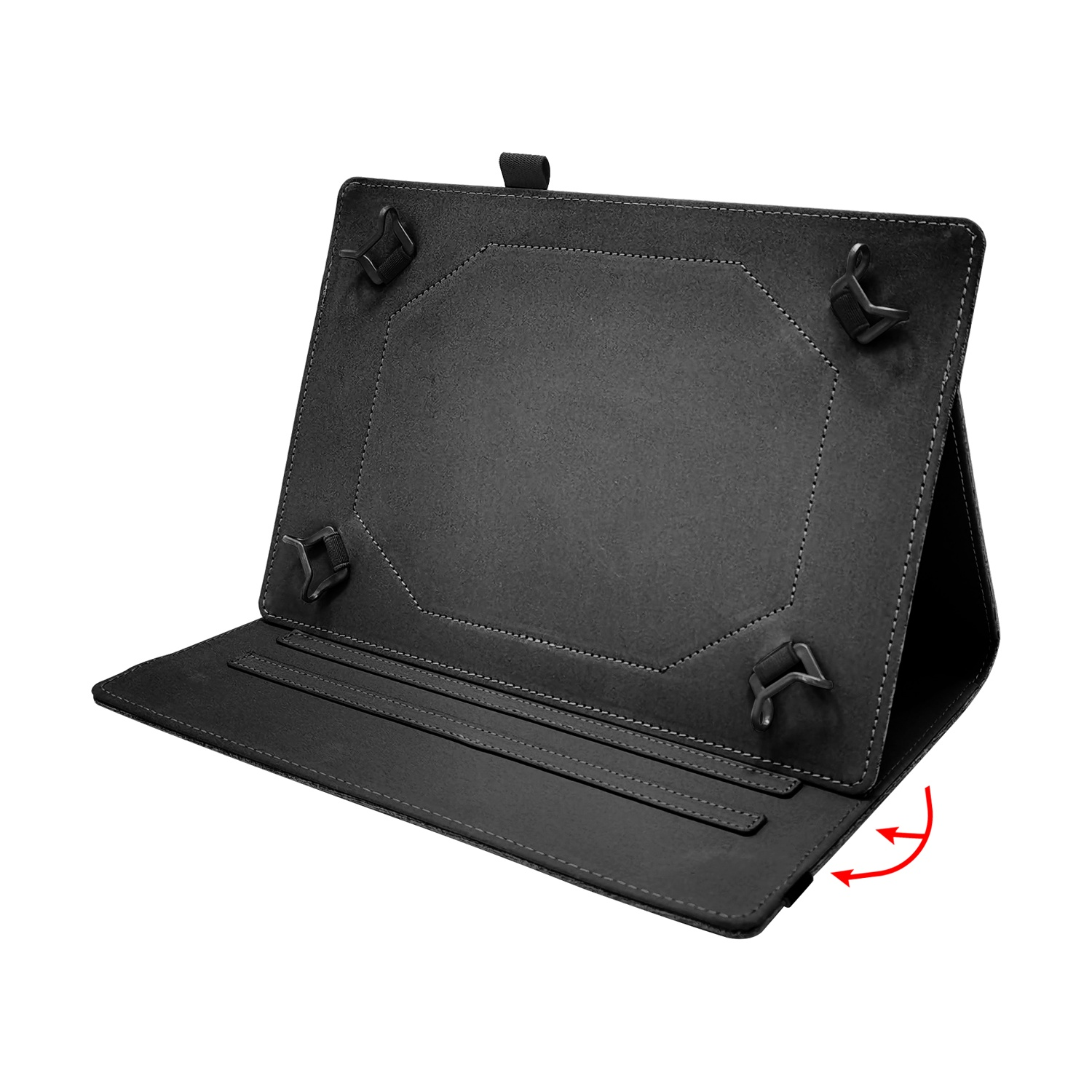 Custodia nera per tablet con supporti e fessure, su sfondo bianco.