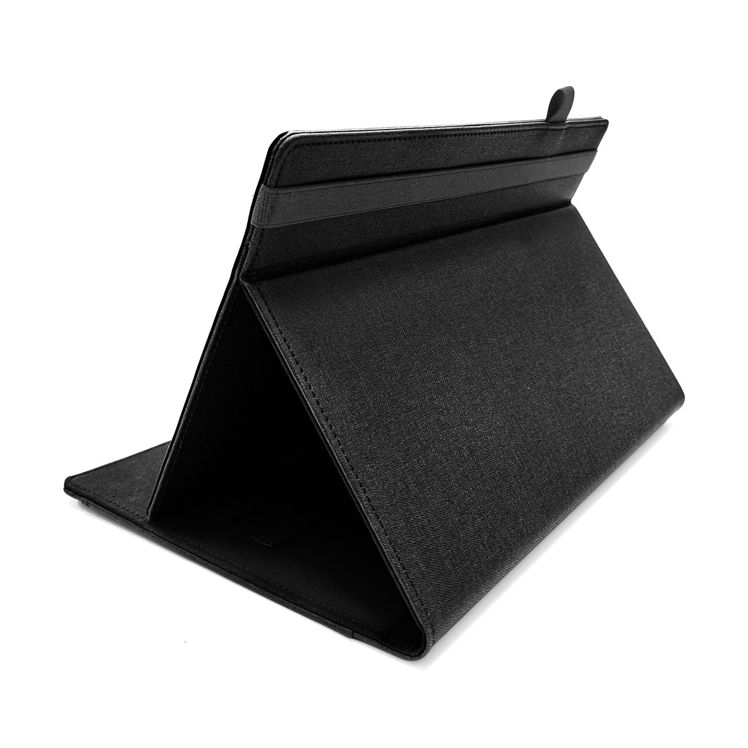 Un supporto per tablet nero piegato a triangolo, con una linguetta in alto.