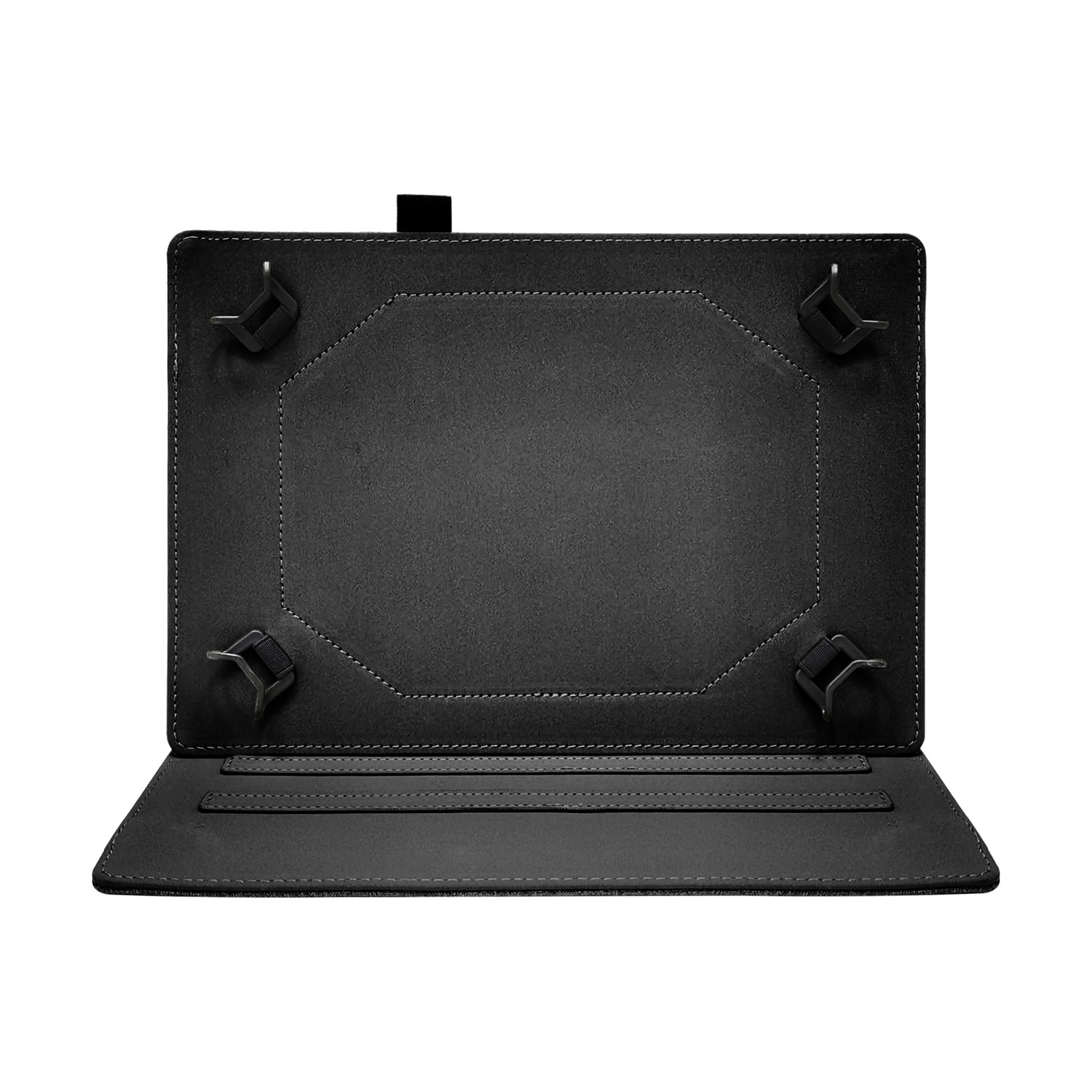Custodia nera per tablet con quattro supporti angolari e una cinghia superiore.