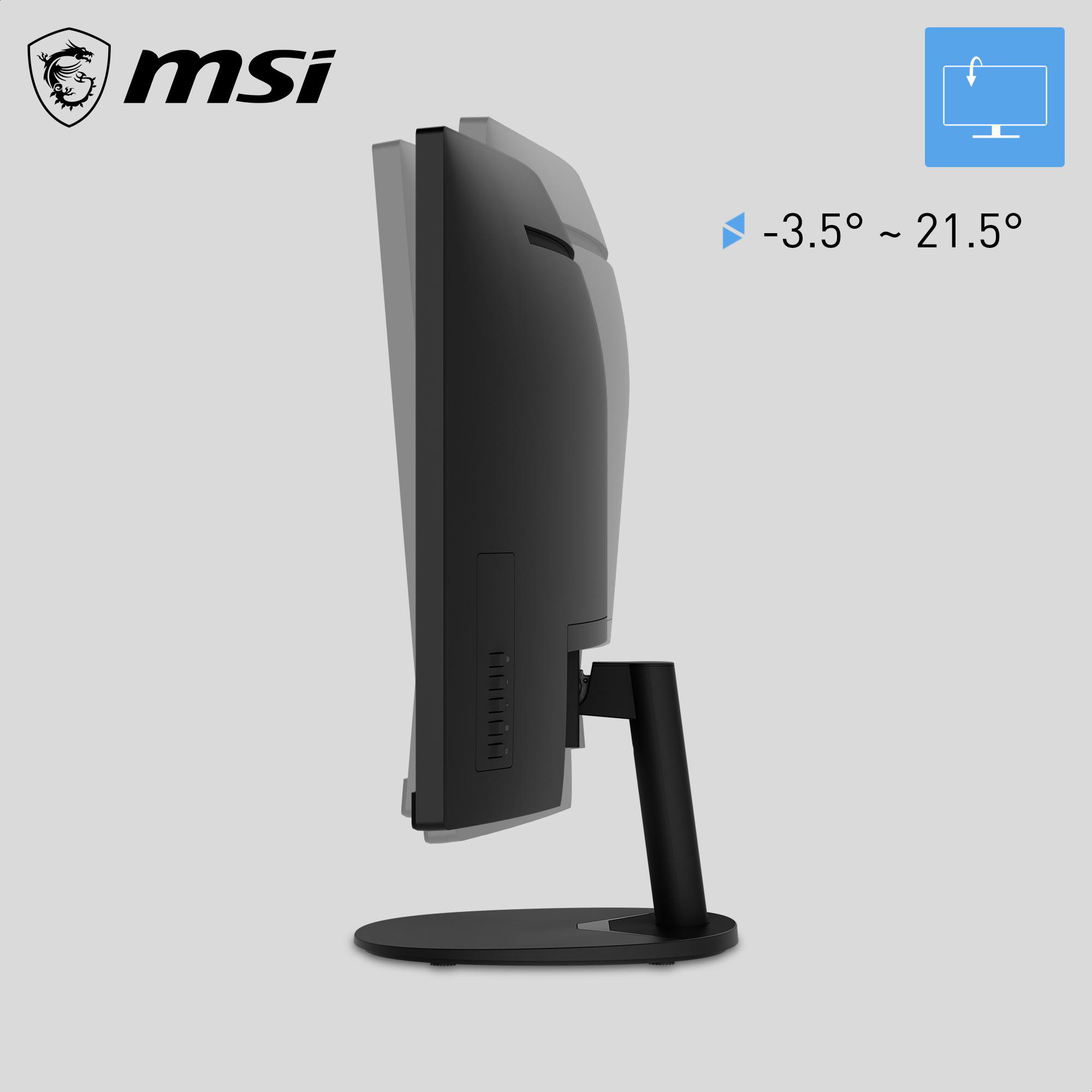 MSI Logo und ein schwarzer Monitor auf grauem Hintergrund mit Neigungswinkel.