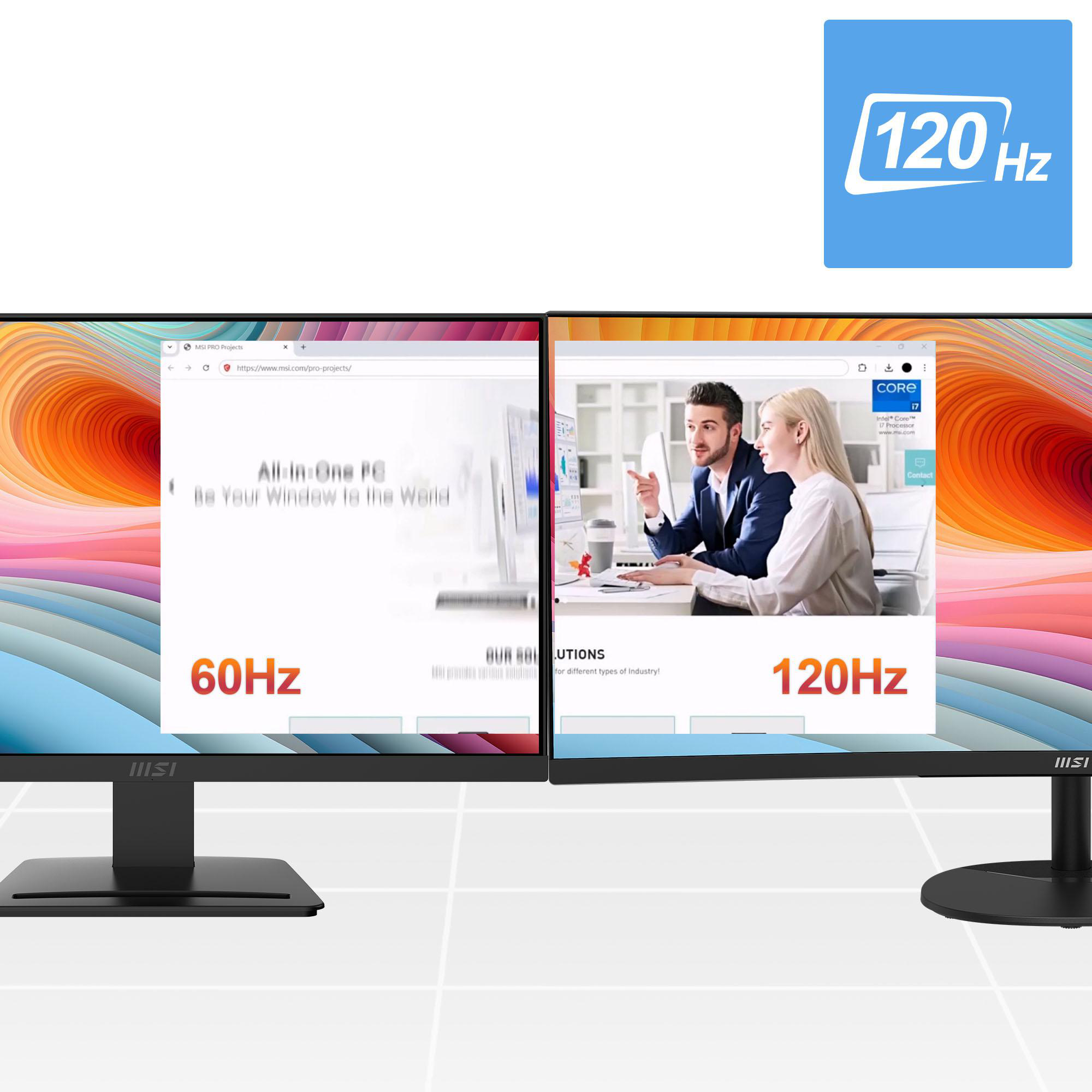 Zwei MSI-Monitore nebeneinander, einer mit 60 Hz, der andere mit 120 Hz.