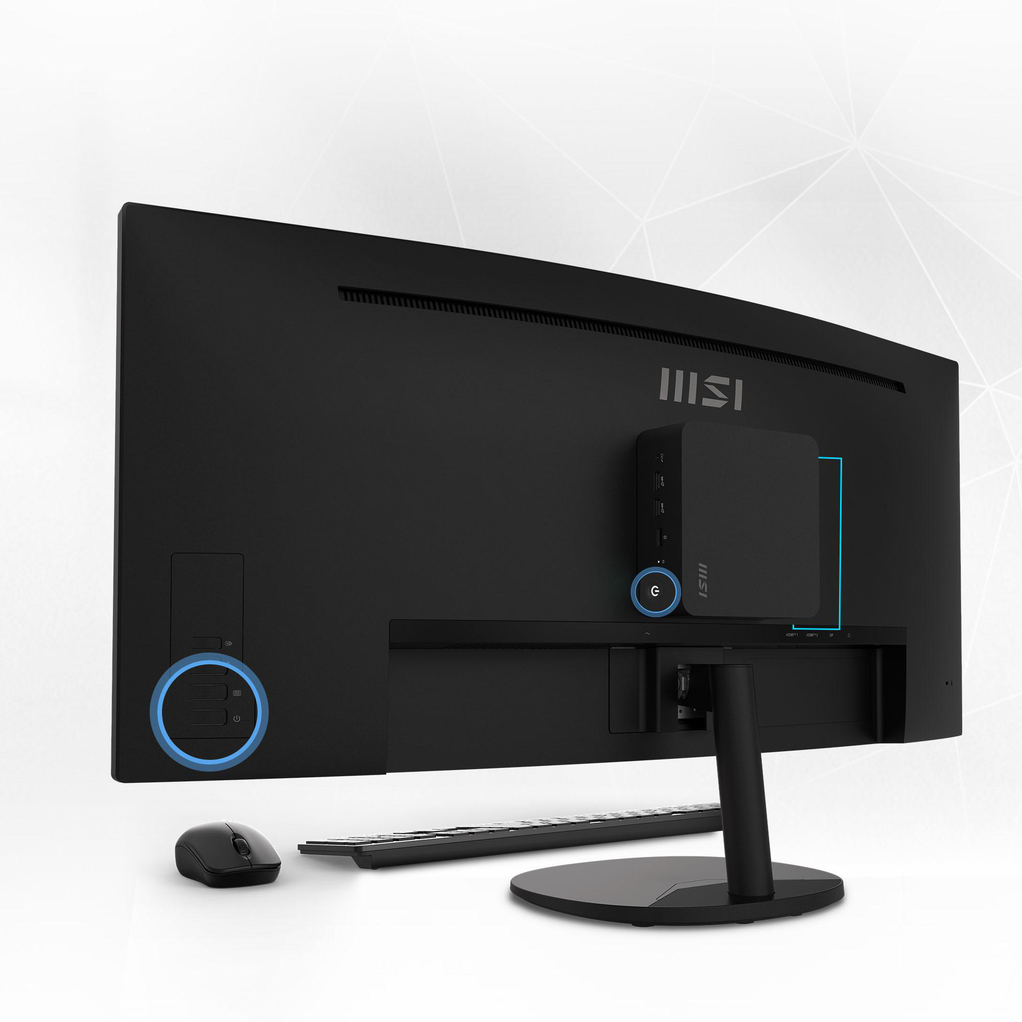 Rückseite eines Monitors mit kleinem PC, Maus und Tastatur.