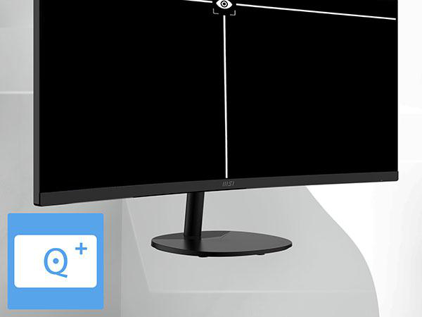 Ein schwarzer MSI-Monitor mit einem blauen Quadrat und einem Q-Symbol.