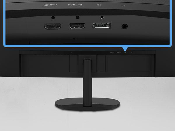 Rückseite eines Monitors mit Anschlüssen: 2x HDMI, 1x DisplayPort, 1x Audio.