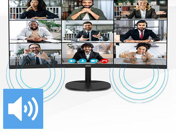 Neun Personen in einem Videoanruf auf einem Monitor. Ein Lautsprechersymbol ist unten links.