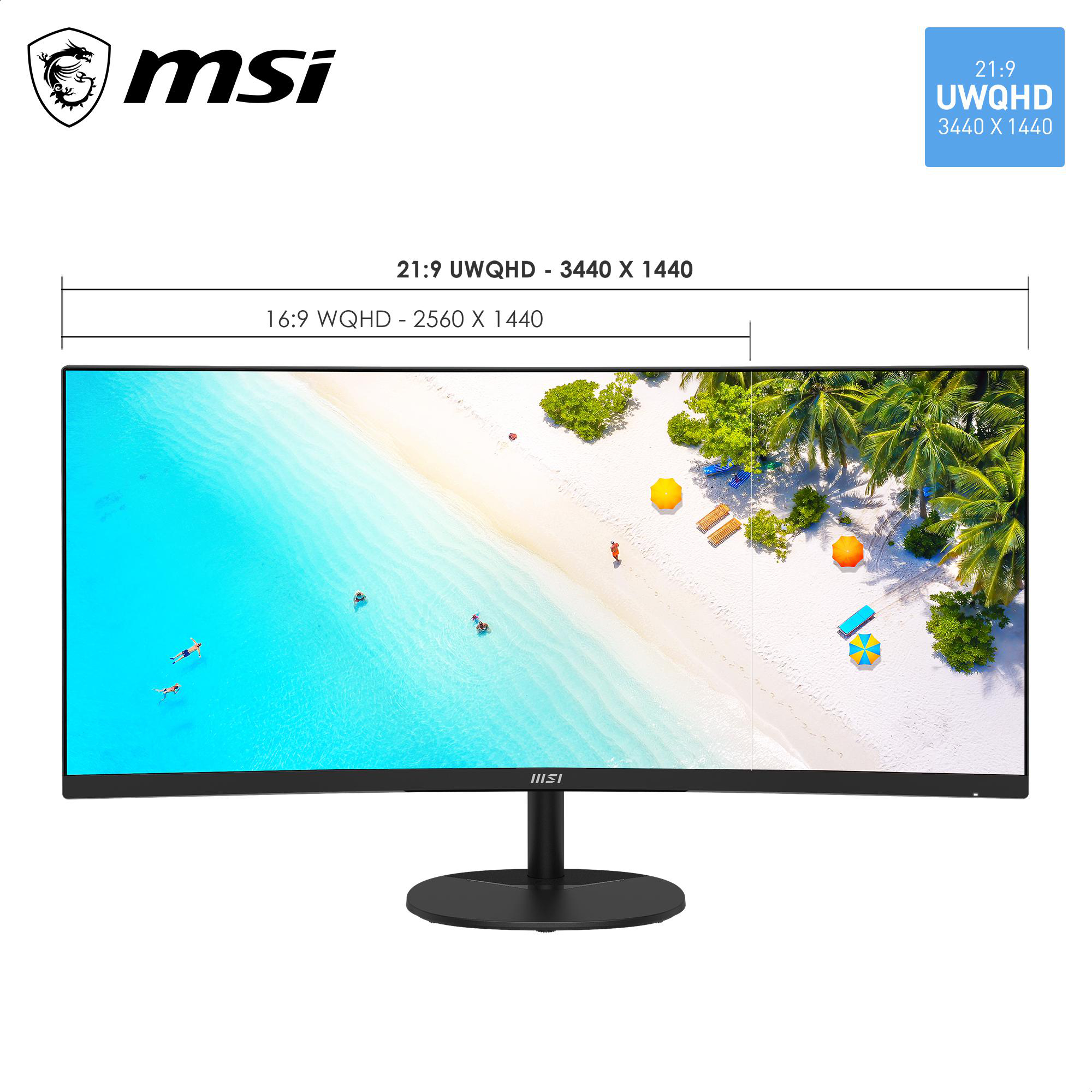 MSI-Monitor zeigt tropischen Strand mit schwimmenden und entspannenden Menschen. 21:9 UWQHD.
