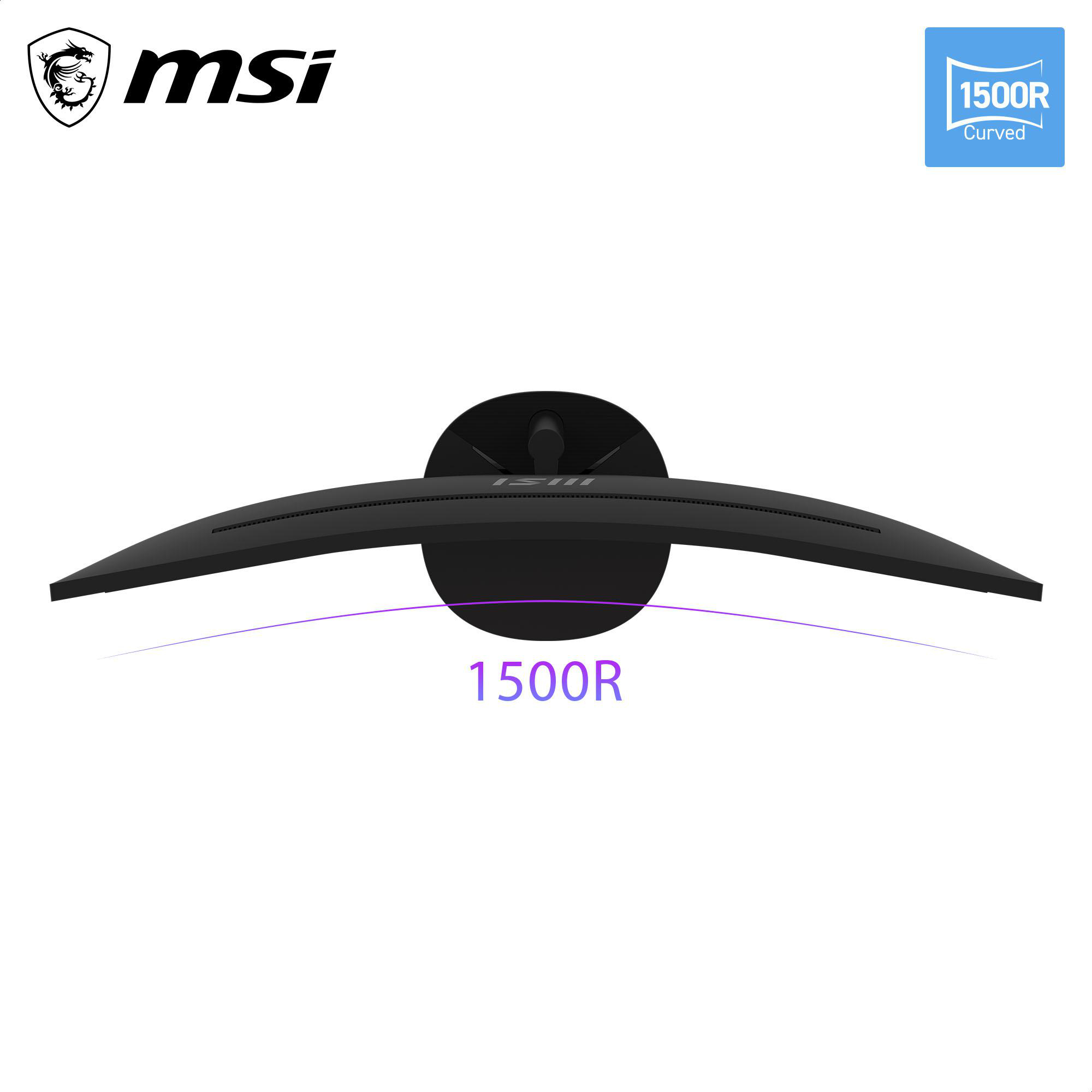 Draufsicht auf einen gekrümmten schwarzen Monitor mit dem MSI-Logo, der „1500R Curved“ in der oberen rechten Ecke anzeigt.