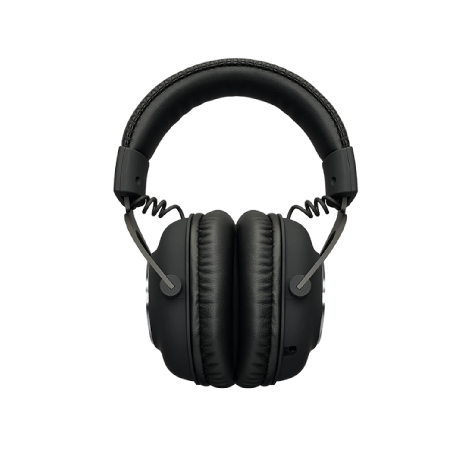 Un par de auriculares negros supraaurales con diadema texturizada y cables en espiral que conectan los auriculares, sobre un fondo blanco.