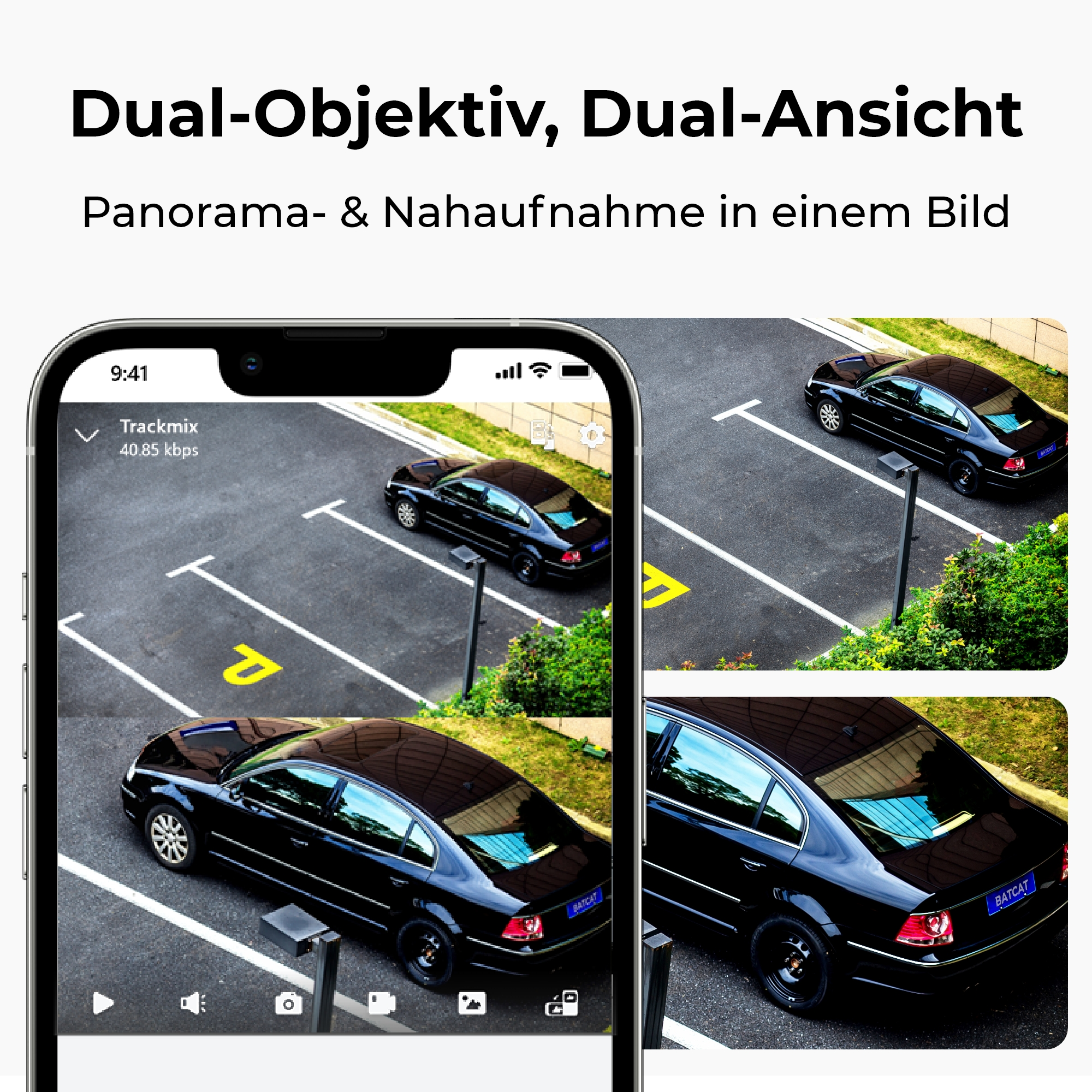 Zwei Ansichten eines schwarzen Autos auf einem Parkplatz, eine Panorama- und eine Nahaufnahme.