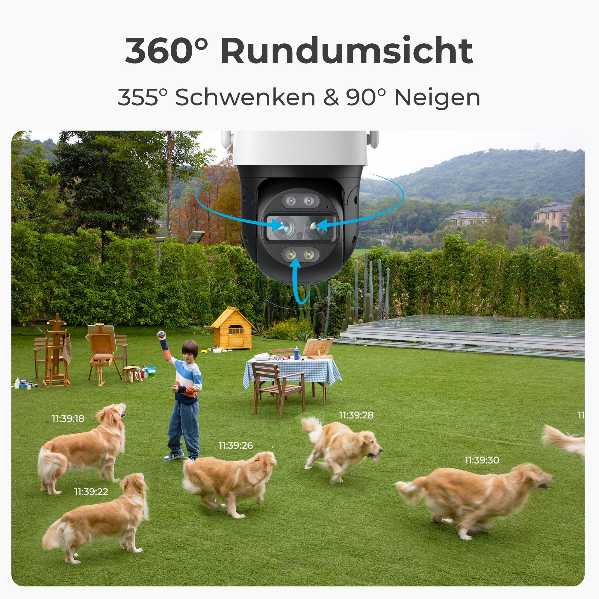 Ein Junge und Golden Retriever spielen auf einer Rasenfläche. Eine Kamera ist oben.