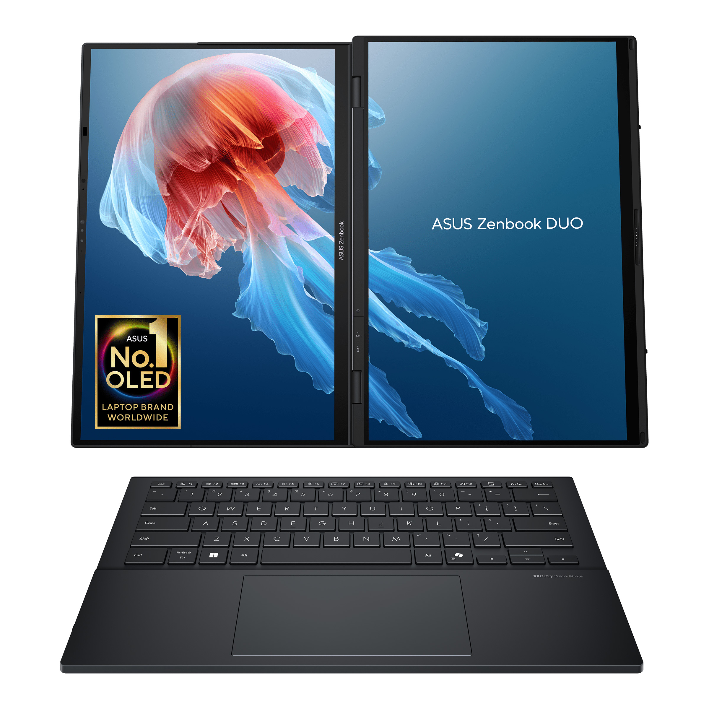 Çift ekranlı ve klavyeli bir Asus Zenbook Duo dizüstü bilgisayar.