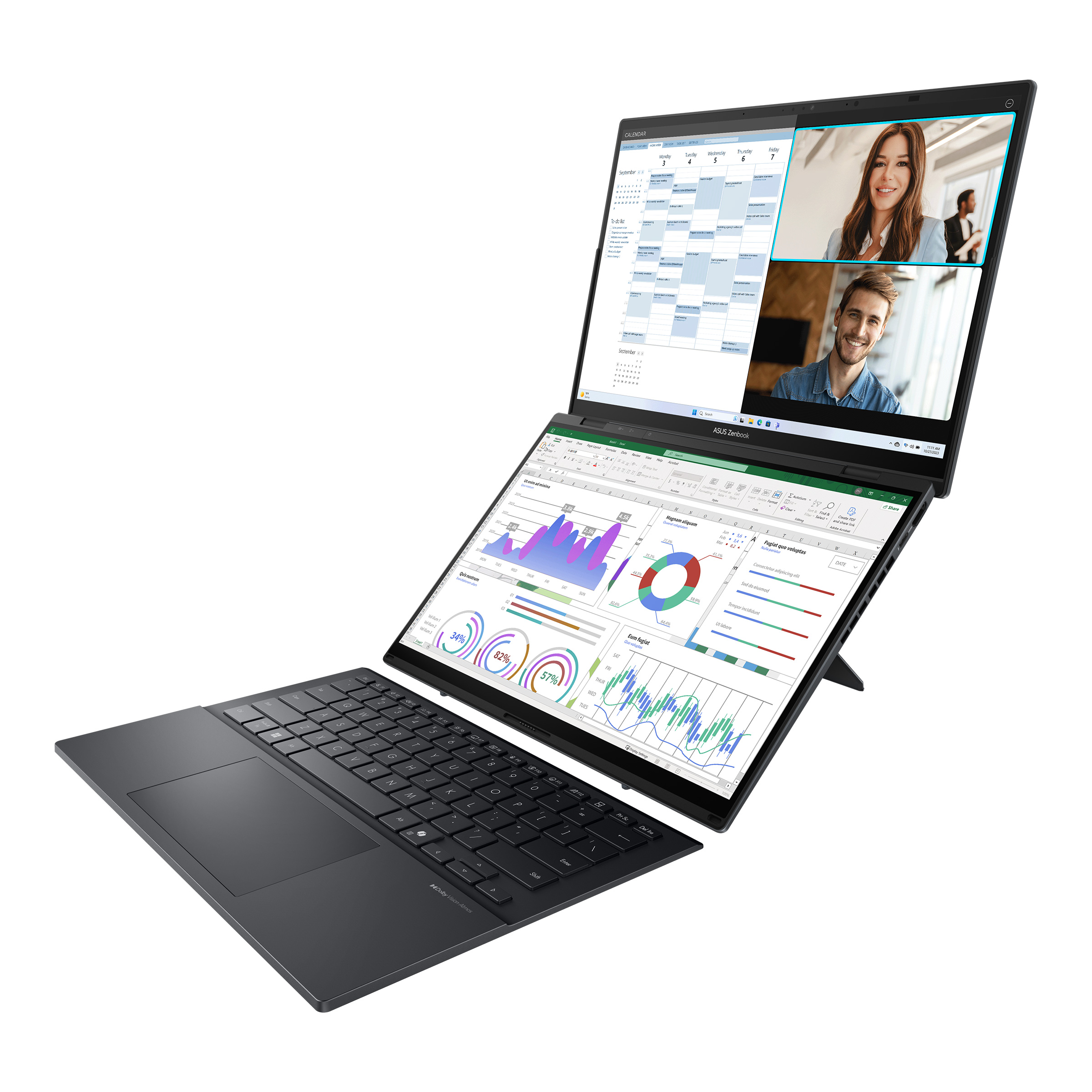 Bir dizüstü bilgisayar, grafikler içeren bir takvim görünümü ve Excel e-tabloları gösteriyor.