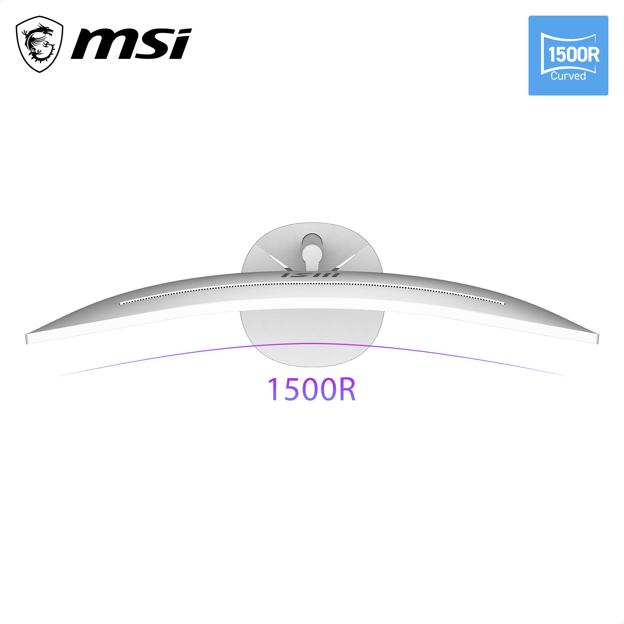 MSI Logo und ein gekrümmter Monitor 1500R mit Ständer.