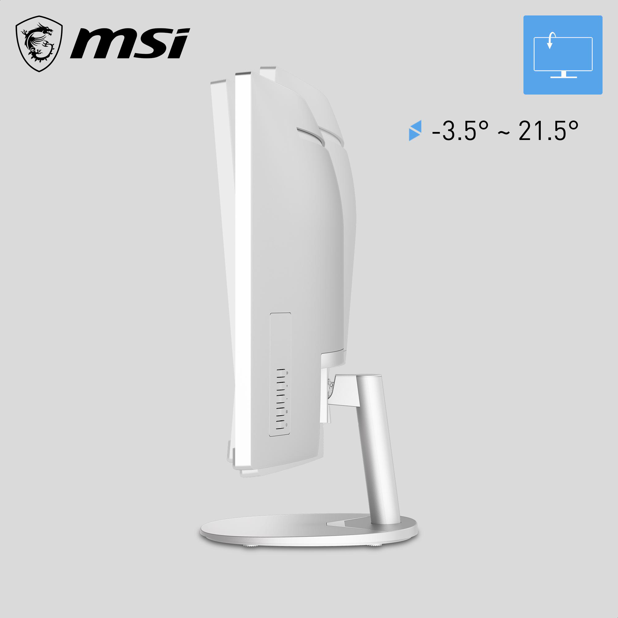 Ein weißer MSI-Monitor von der Seite, mit Neigungsanzeige.
