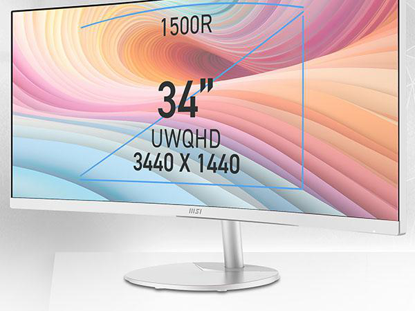 MSI 34 Zoll UWQHD 1500R Curved Monitor mit bunter abstrakter Hintergrundgrafik.