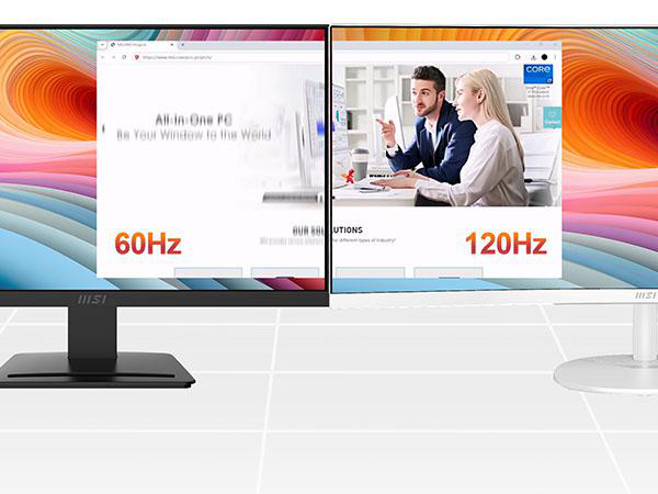 Zwei MSI-Monitore zeigen unterschiedliche Bildwiederholraten: 60Hz links, 120Hz rechts.
