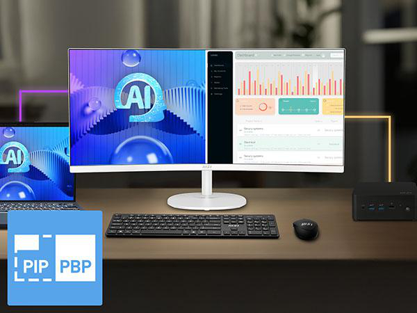 Ein Schreibtisch mit zwei Monitoren, Tastatur, Maus und Mini-PC. Ein Monitor zeigt KI-Grafiken, der andere ein Dashboard.