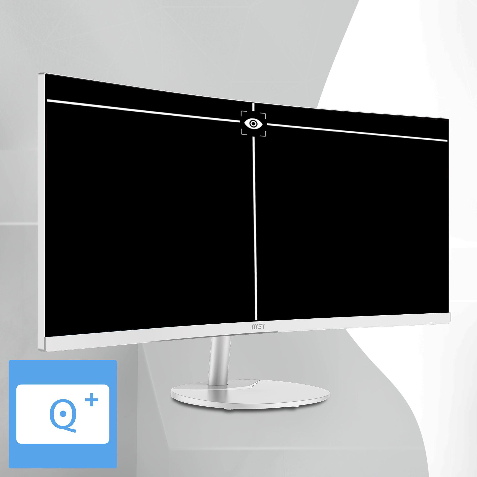 Ein weißer MSI-Monitor mit schwarzem Bildschirm und einem "Q+"-Symbol auf einem blauen Feld.