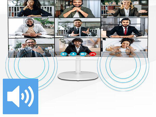 Ein weißer Computermonitor zeigt ein 3x3-Raster von Videokonferenzteilnehmern, darunter ein blaues Lautsprechersymbol auf hellblauem Hintergrund.