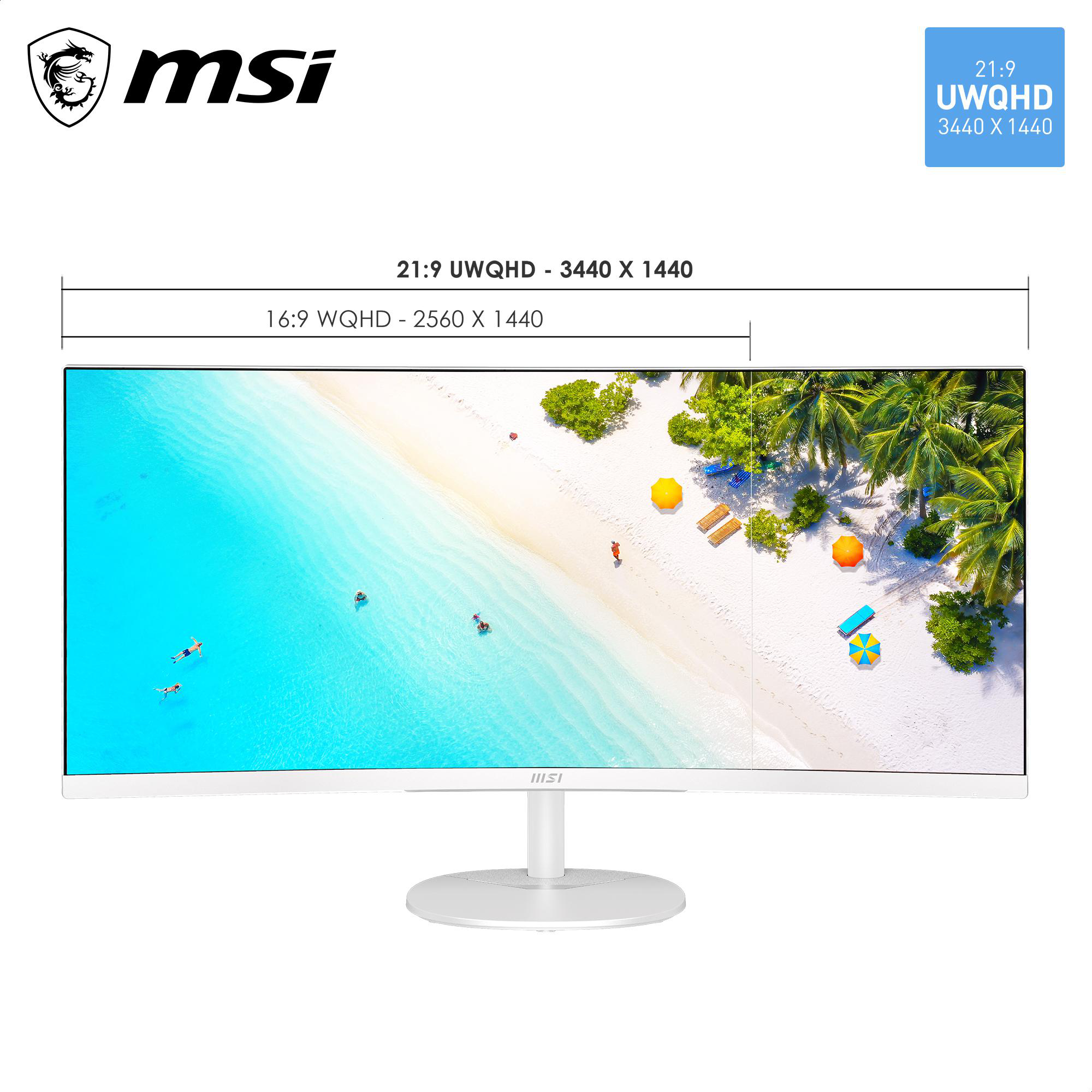 Ein MSI-Monitor mit Strandmotiv: 21:9 UWQHD Auflösung. Weißer Ständer.