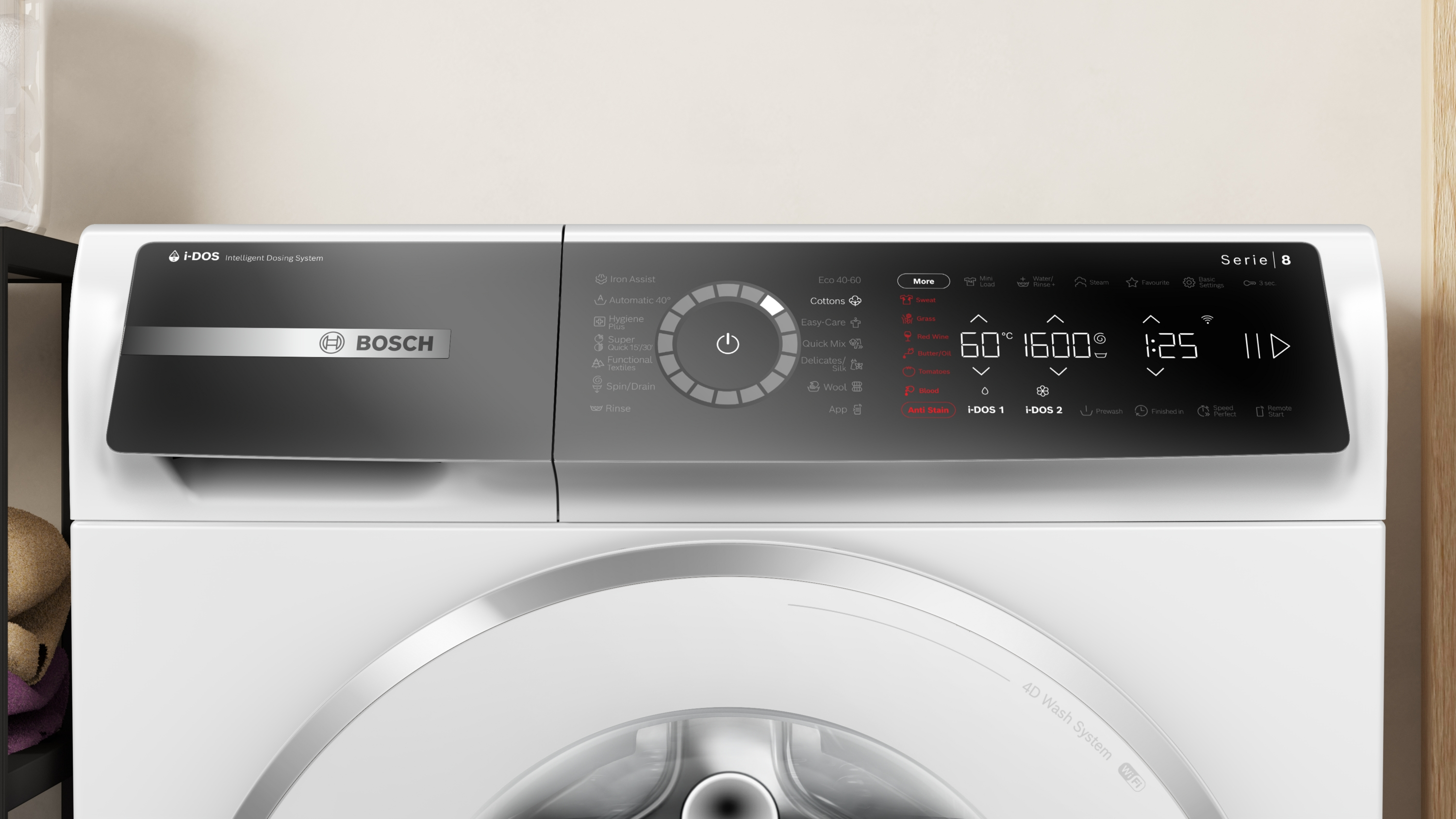 Egy fehér Bosch mosógép kezelőpanellel és kijelzővel. A mosógép 4D Wash System funkcióval rendelkezik.