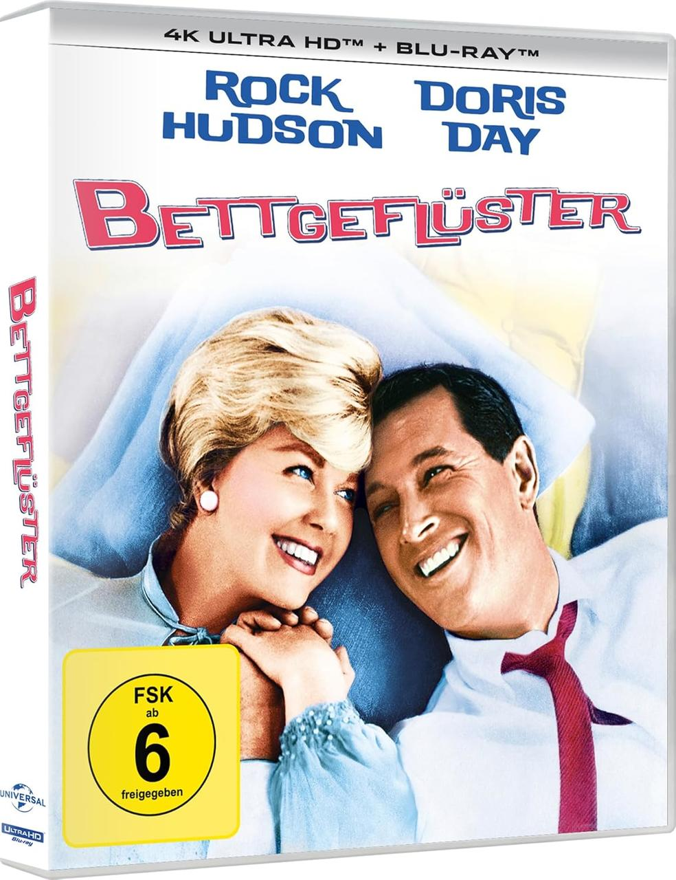 DVD-Cover für "Bettgeflüster" mit Rock Hudson und Doris Day, lächelnd im Bett.
