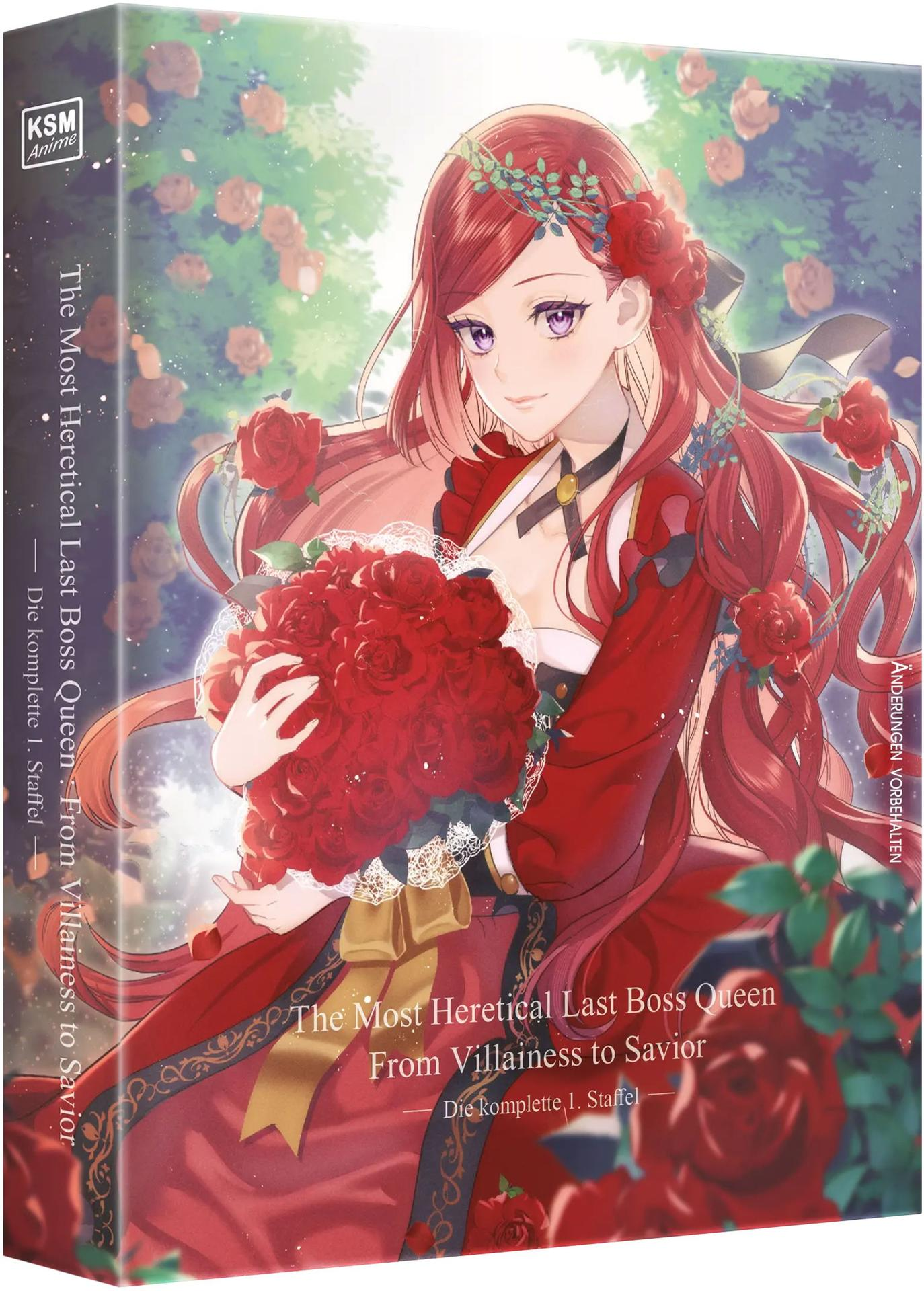 Anime-Charakter mit langen roten Haaren, der einen großen Strauß roter Rosen hält und in einem Rosengarten steht.