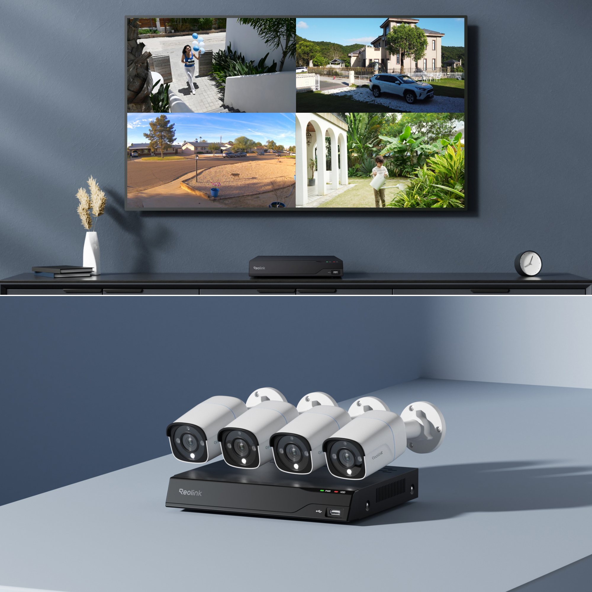 Überwachungskamera-System mit vier Kameras und DVR auf einem Tisch.