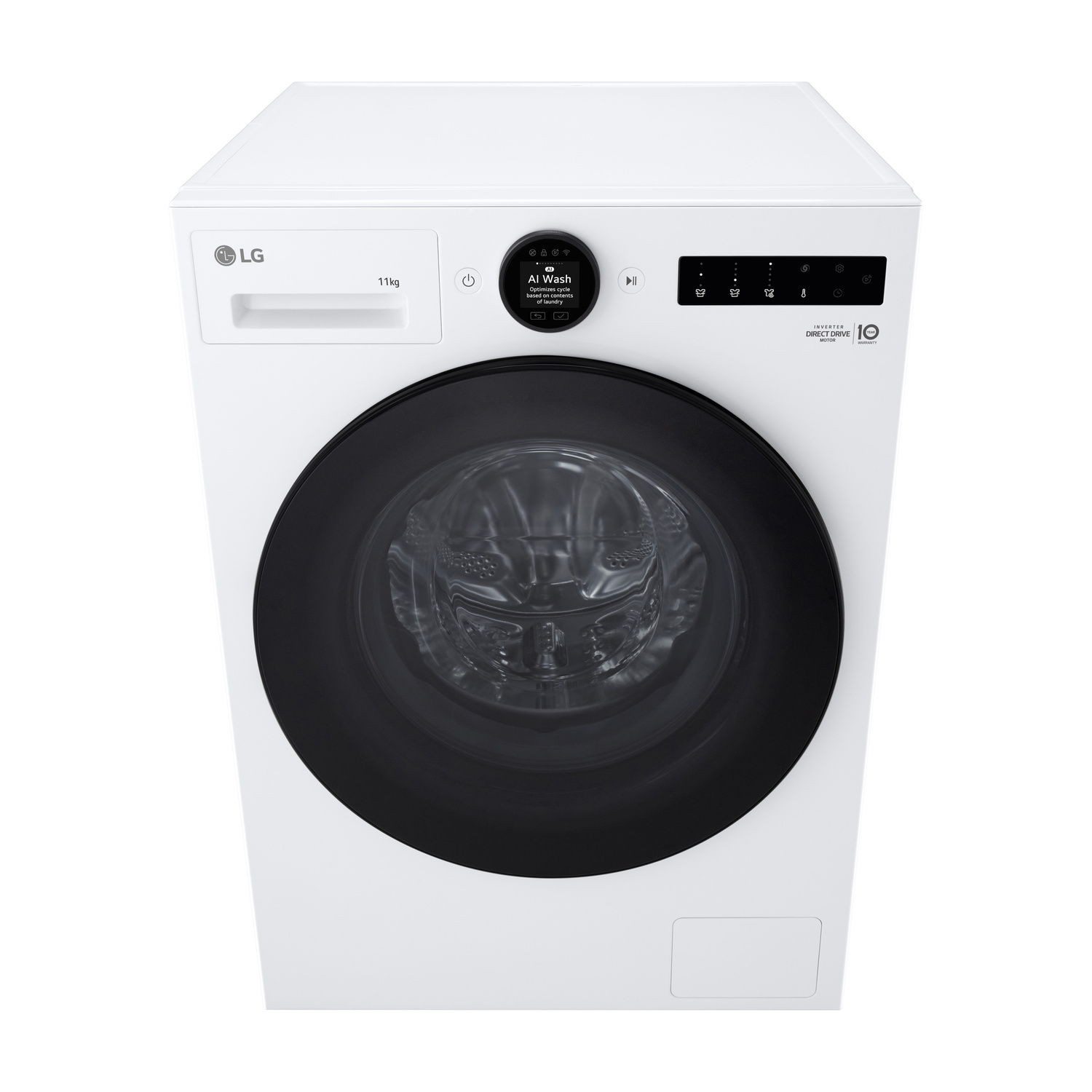 Lavatrice LG bianca con oblò nero e display digitale.