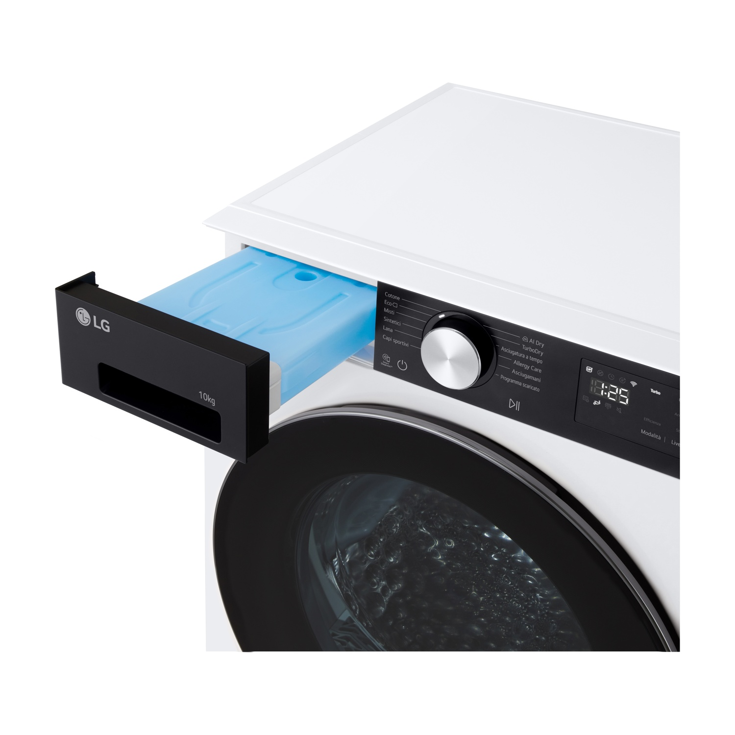 Lavatrice LG bianca con cassetto detersivo blu estratto e pannello di controllo.
