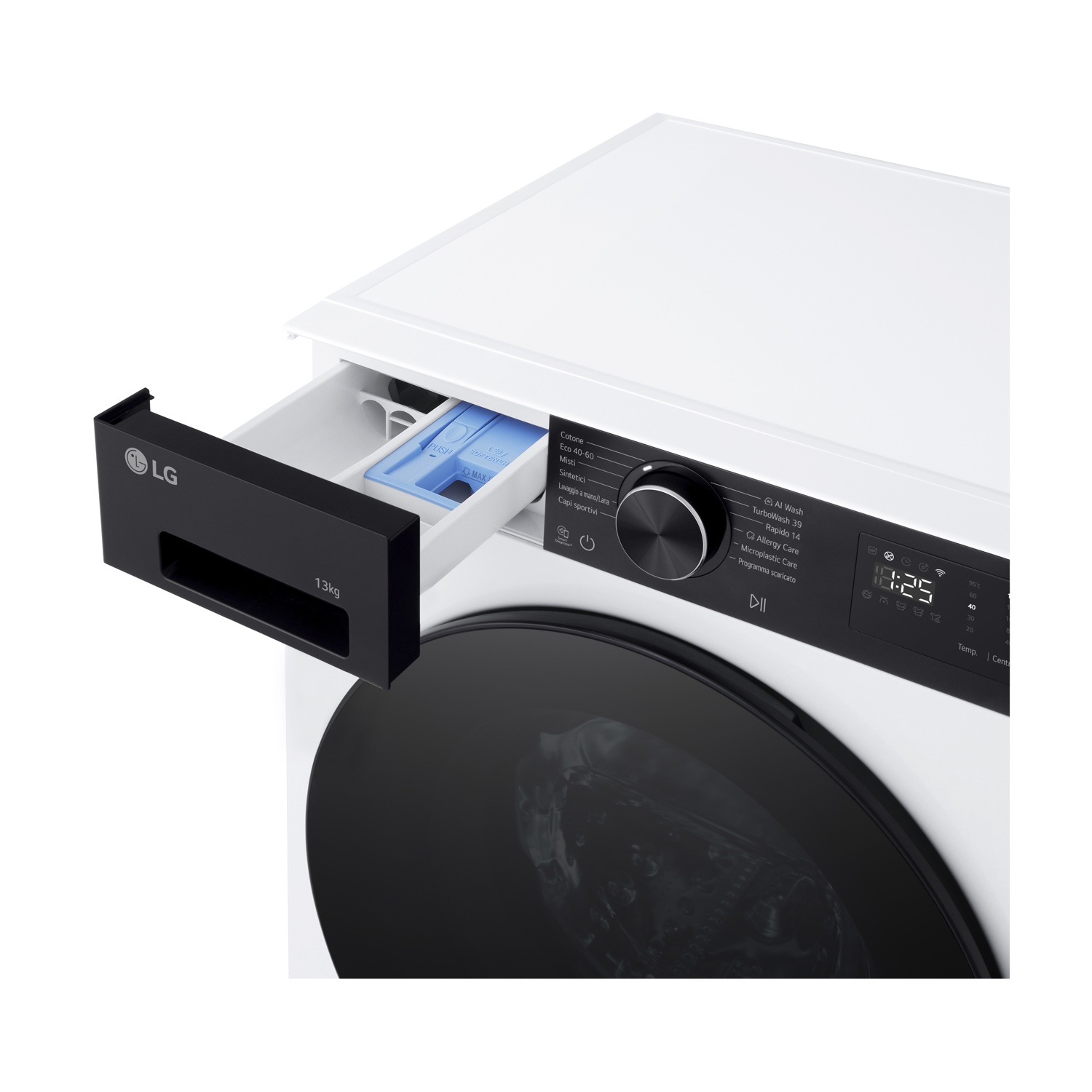 Lavatrice LG bianca con cassetto aperto, manopola e display neri.