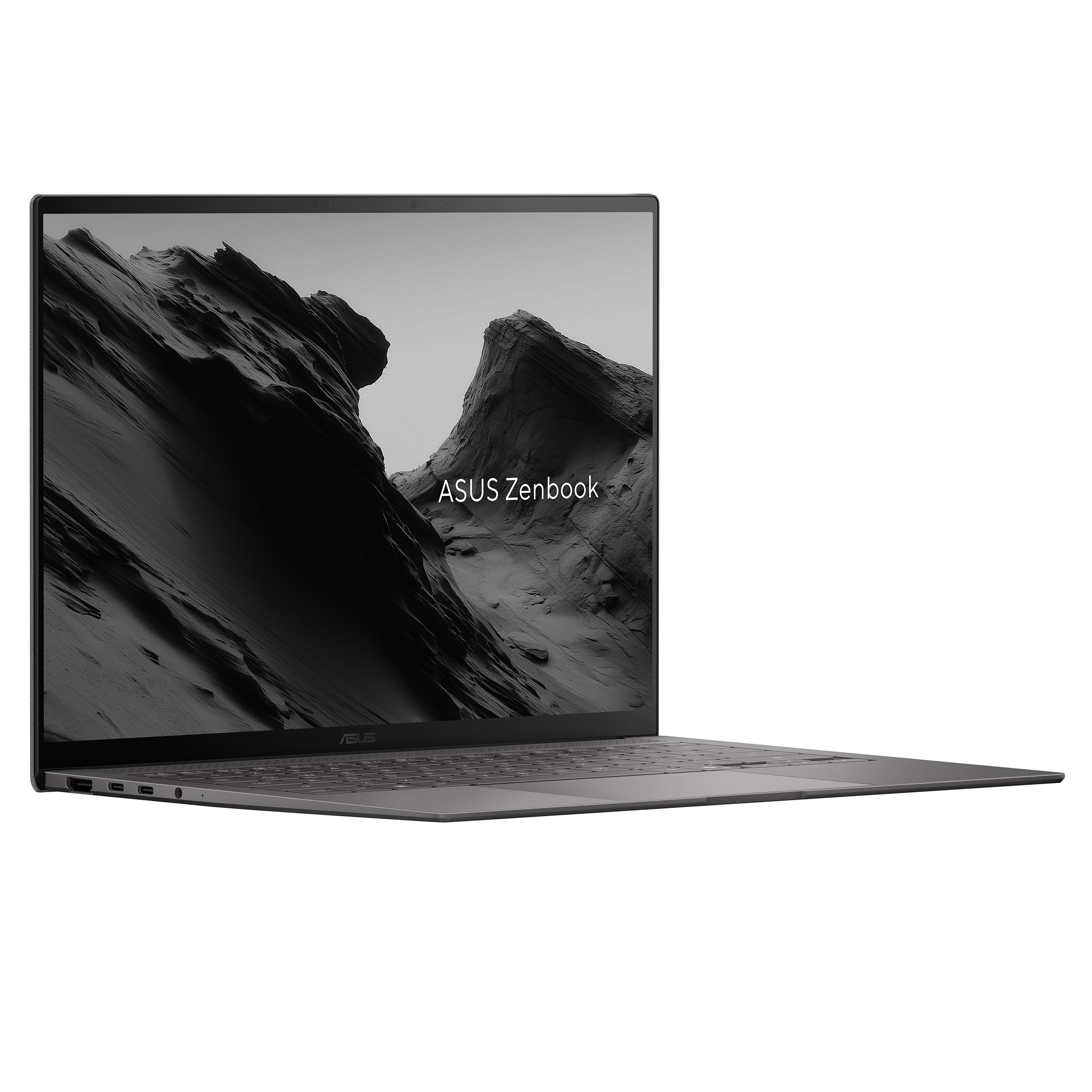 Dağ benzeri duvar kağıdı gösteren açık bir Asus Zenbook dizüstü bilgisayar.