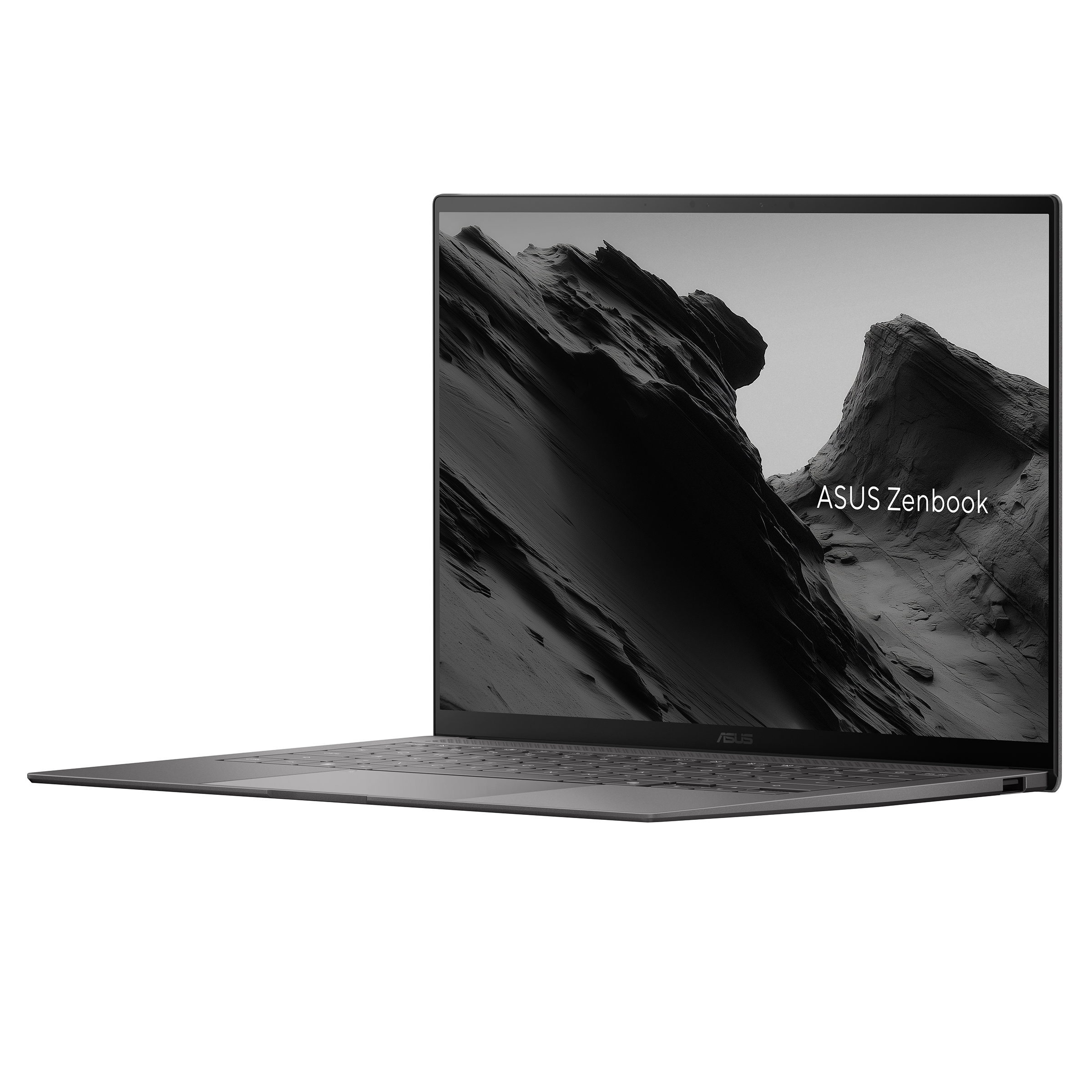 Koyu gri bir ASUS Zenbook dizüstü bilgisayar, beyaz bir arka plan üzerinde açık olarak sergileniyor ve koyu, kayalık bir manzarayı gösteren bir ekranı var.