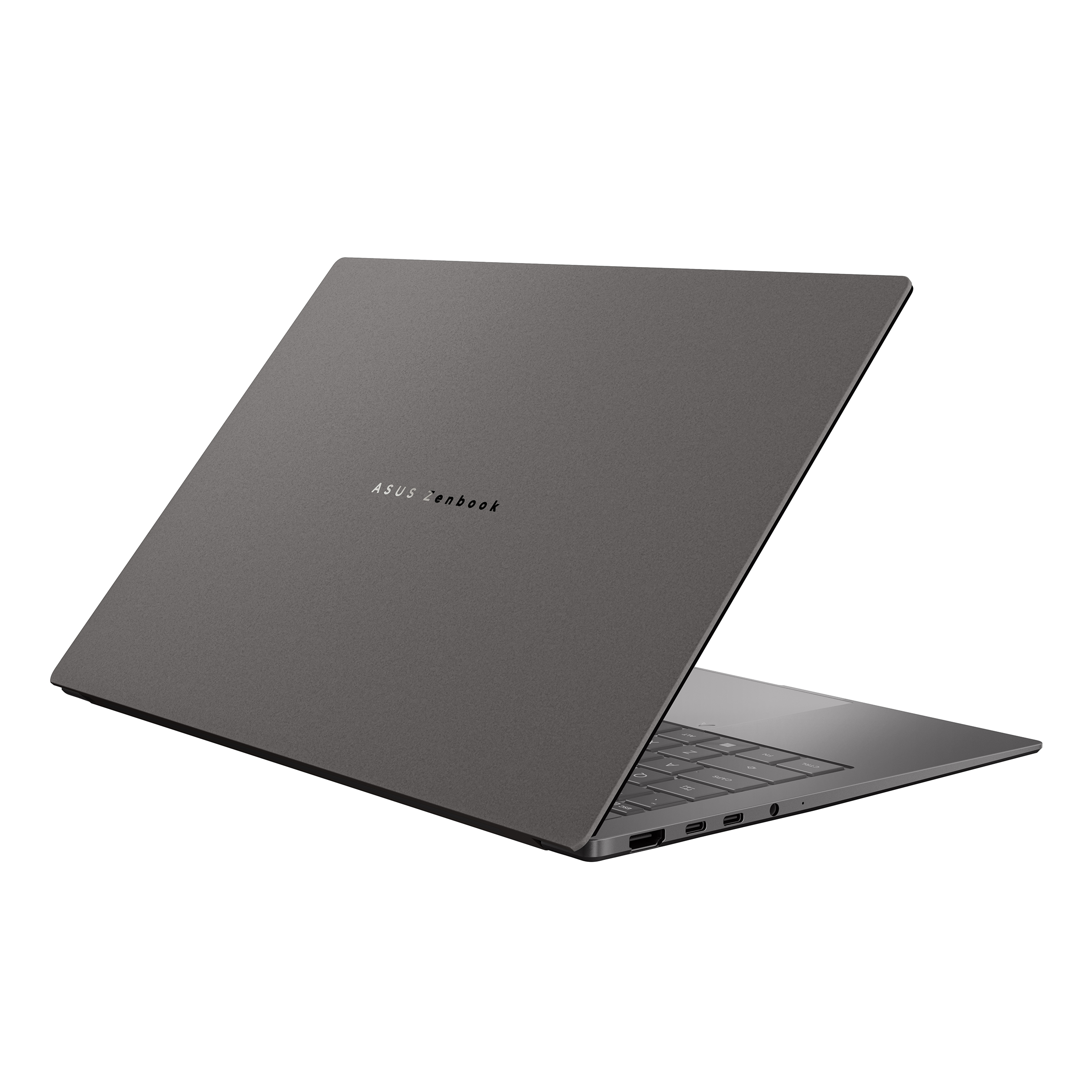 Gri Asus Zenbook dizüstü bilgisayar, açık, klavye ve bağlantı noktaları görünüyor.